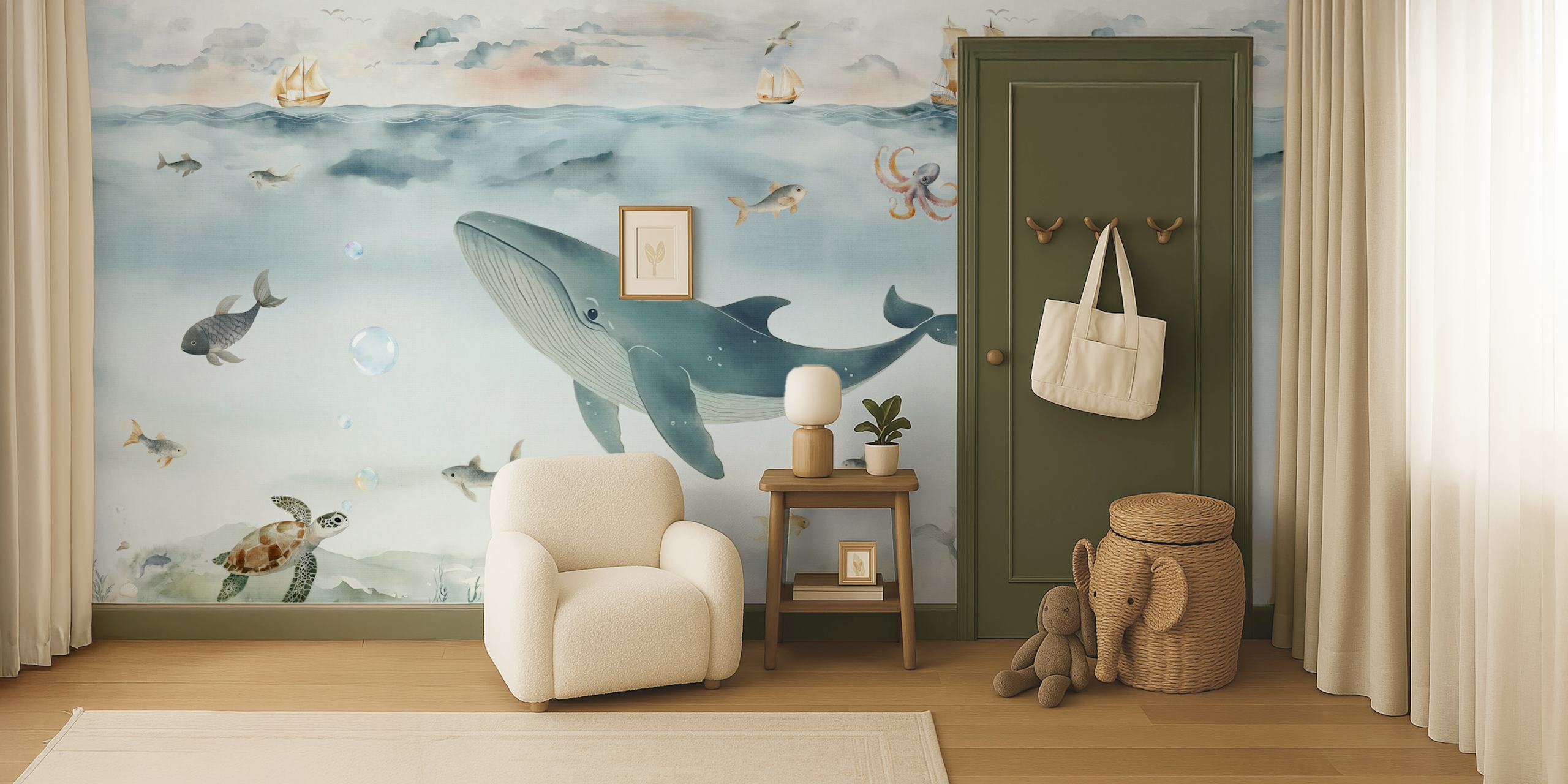 Ocean Adventure Watercolor Whale and Sea Life design della carta da parati