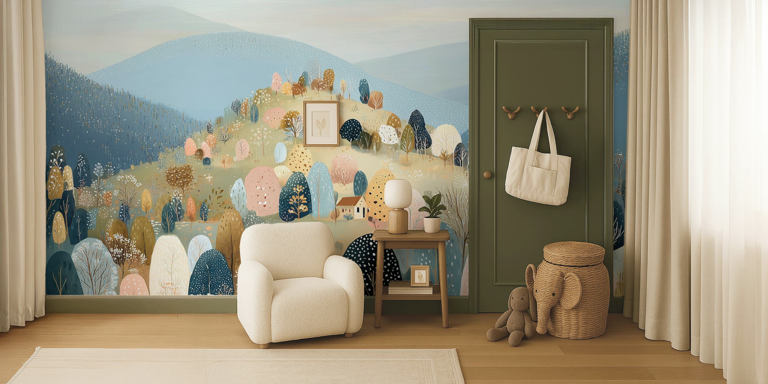 Papier peint Tranquil Mountain Forest dans une pièce cocooning