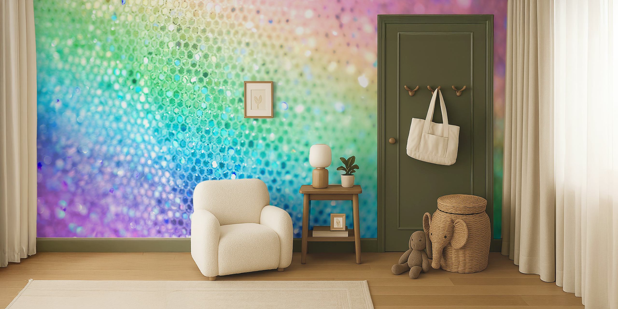 Rainbow glittering wallpaper with multicolored dots in pastel and vibrant shades.