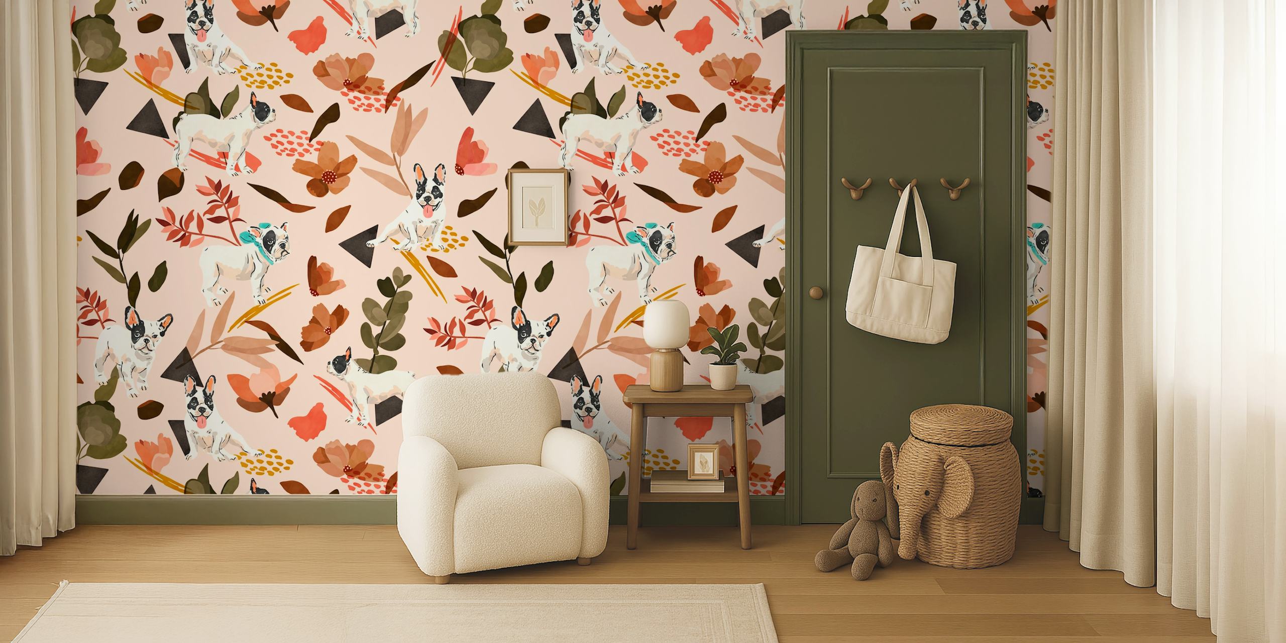 Diseño de papel tapiz French bulldog en una habitación