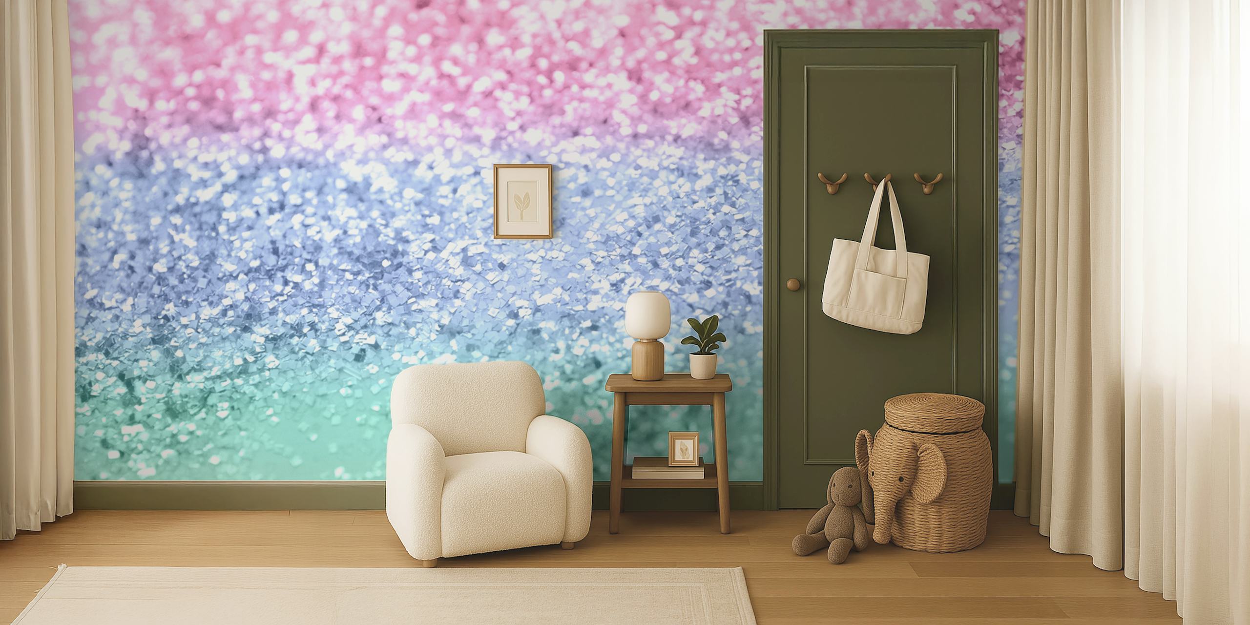 Ombre glitter wallpaper in pastel pink, purple, and green colors