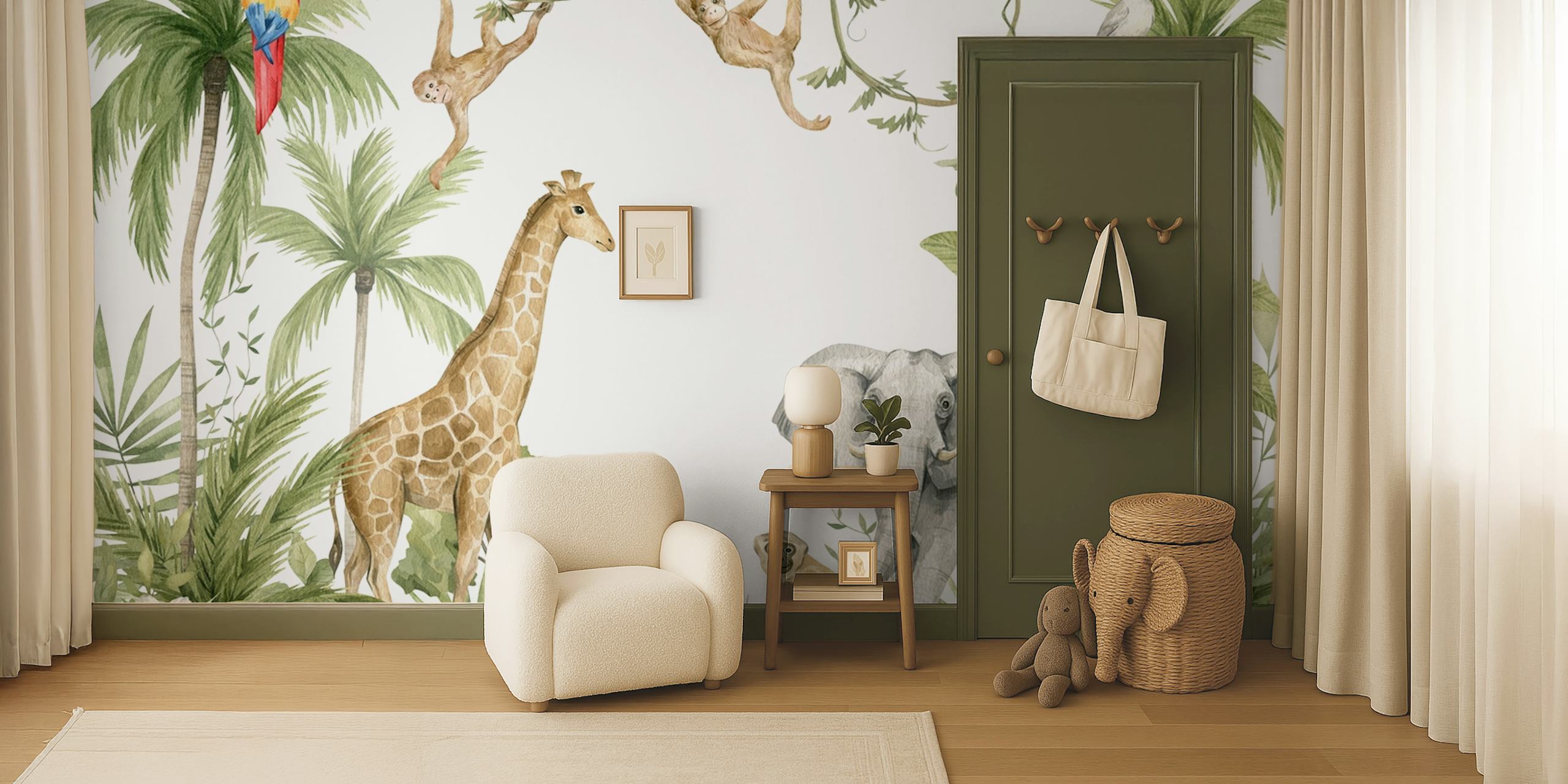 Giraffe, elephant, monkeys, and tropical plants wallpaper