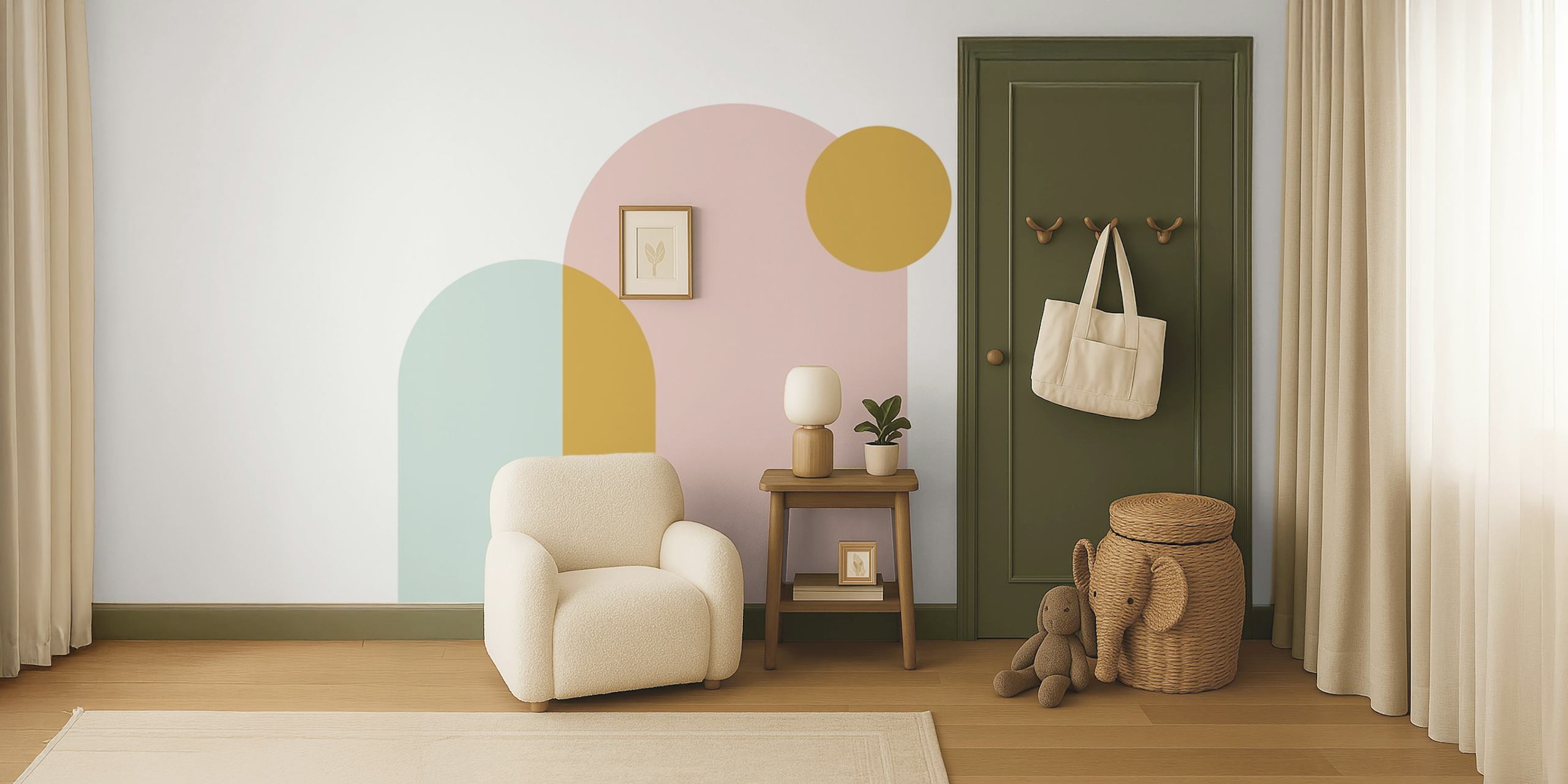 Mint and pink modern boho wallpaper design in room