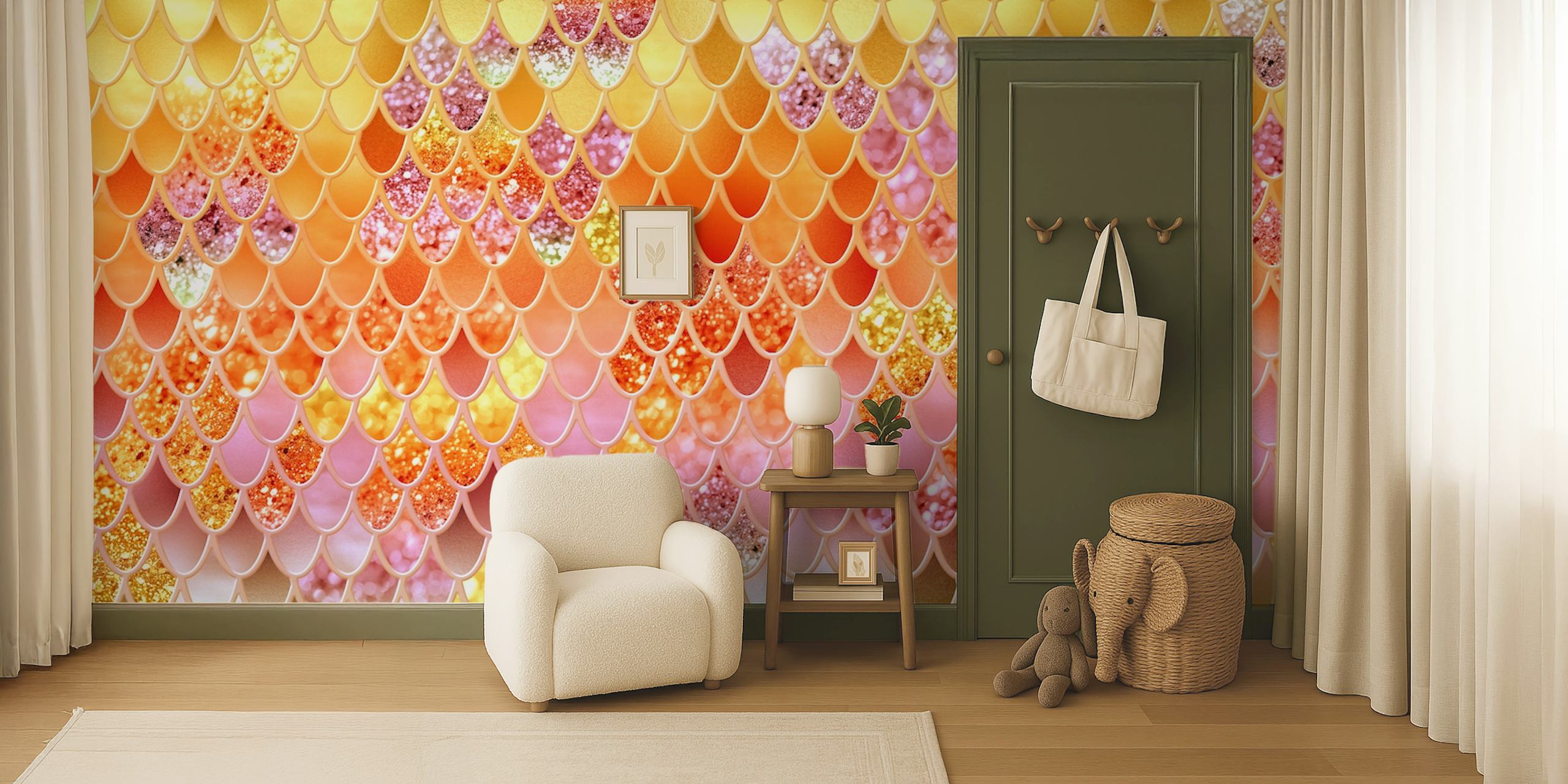Mermaid scales wallpaper in a bright room