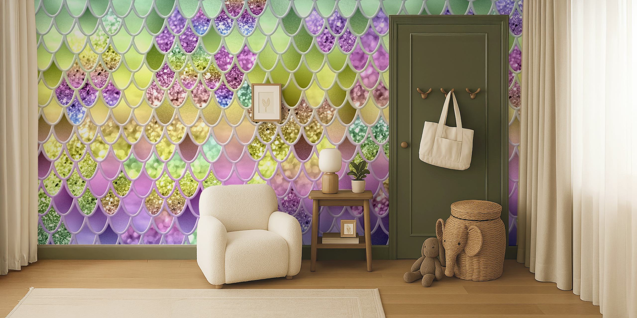 Mermaid Glitter Scales Tapete in einem Zimmer