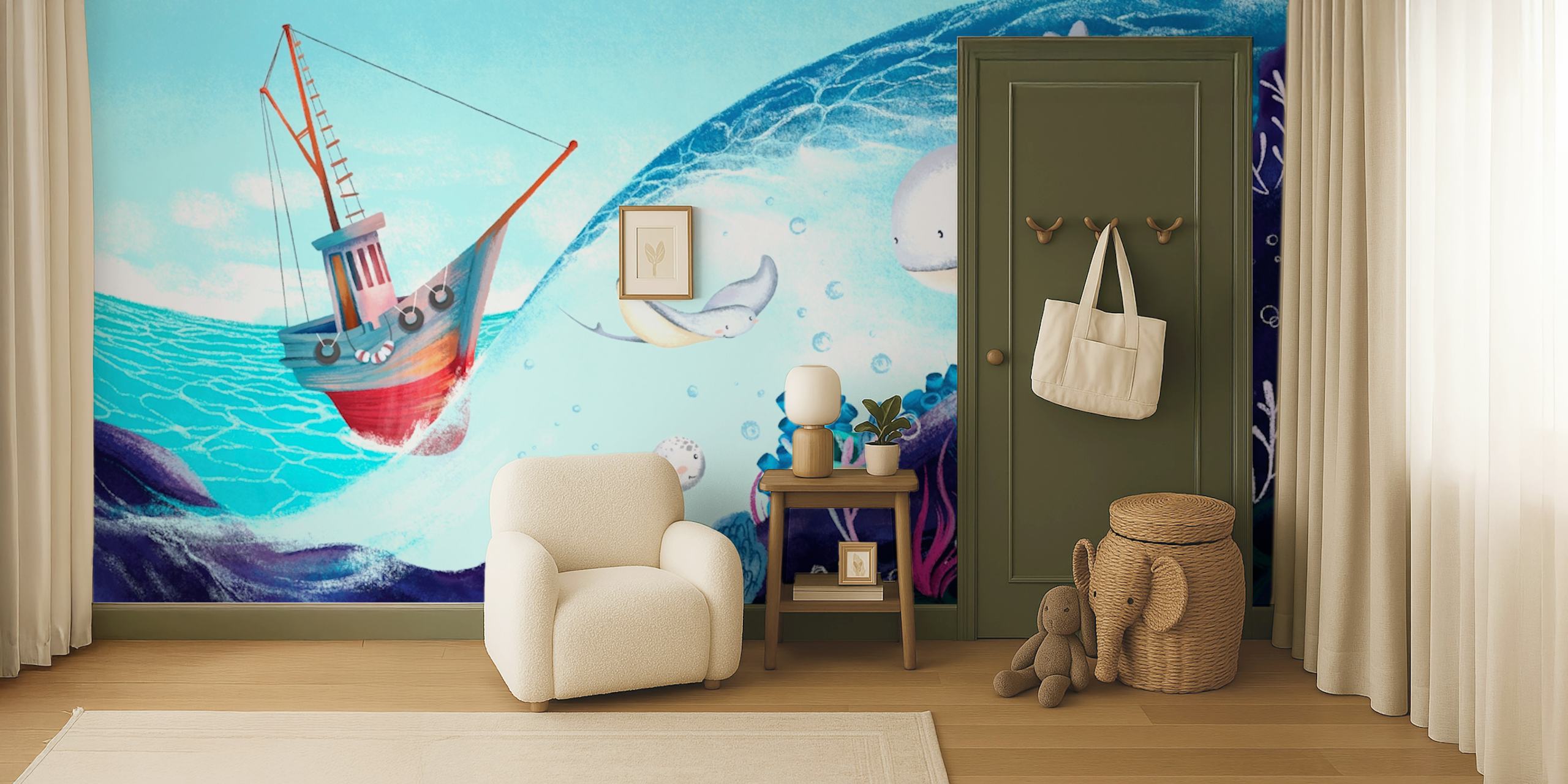 Underwater marine world wallpaper with colorful fish, coral, and a boat
