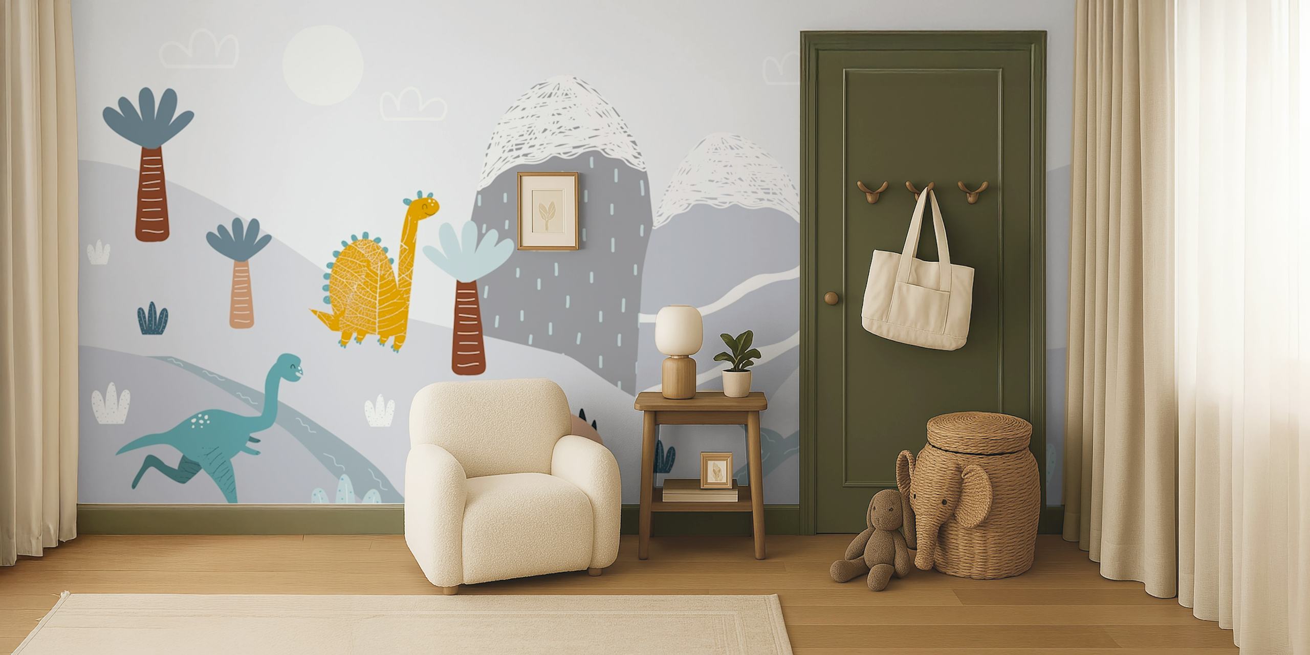 Playful dinosaurs in a whimsical landscape wallpaper