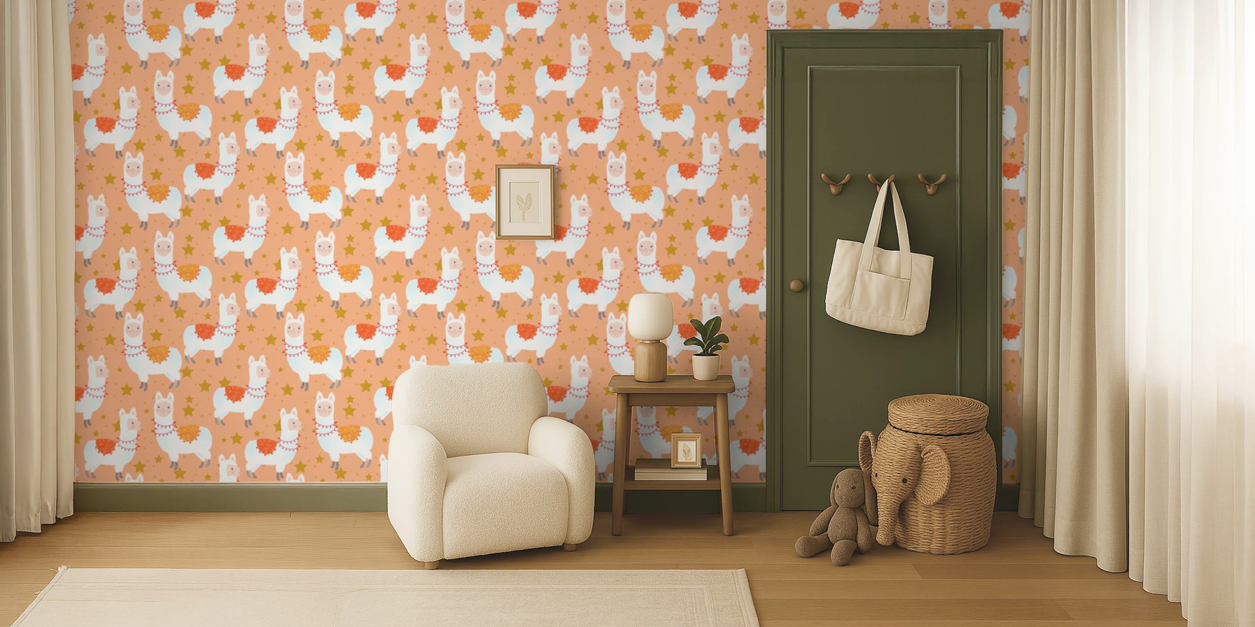 Colorful happy llamas wallpaper in a room