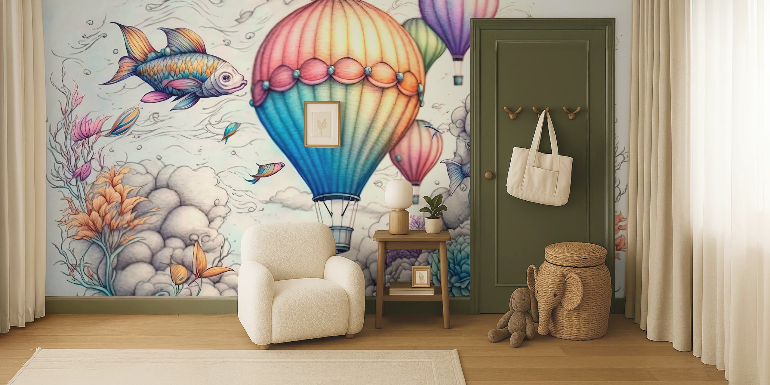 Fish and balloons wallpaper in a room