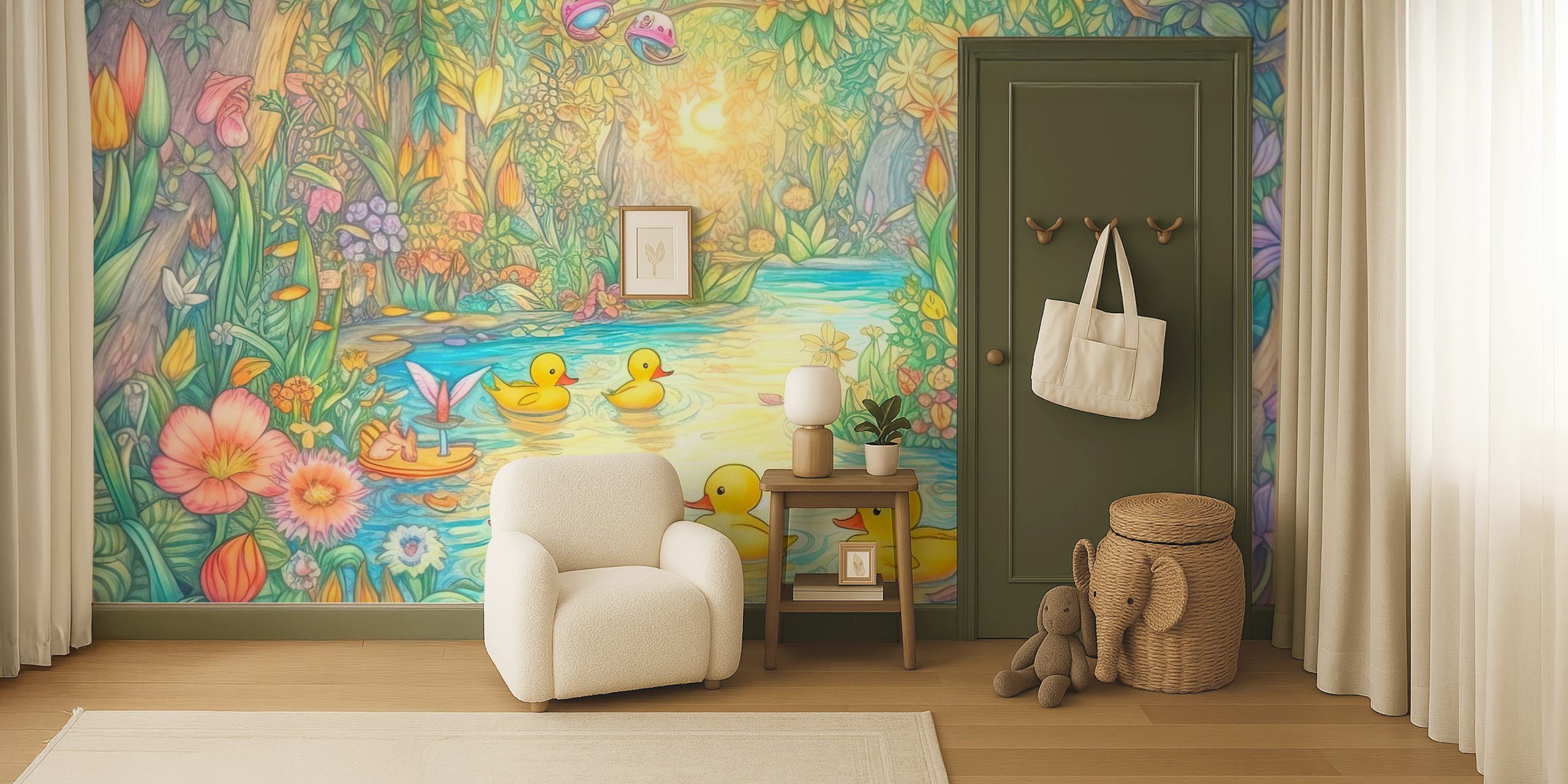 Toy ducks floating on a serene stream surrounded by colorful flowers and greenery wallpaper