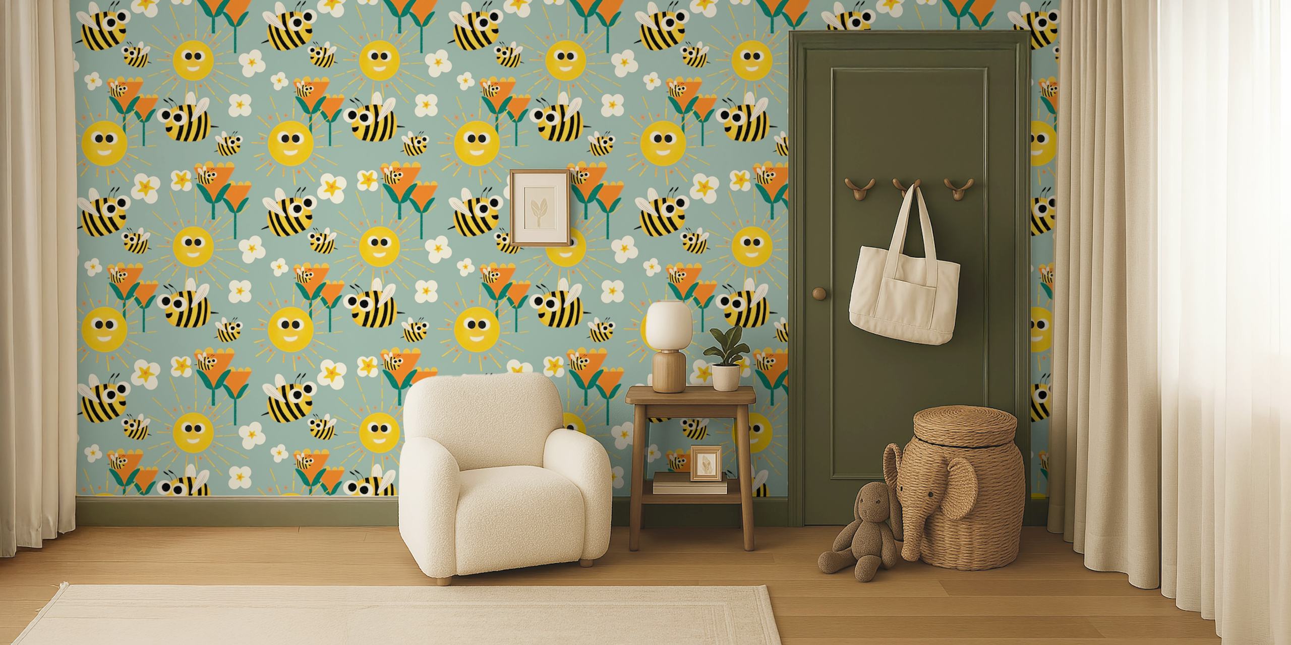 Χρωματιστό σχέδιο ταπετσαρίας happy bees and sunshine