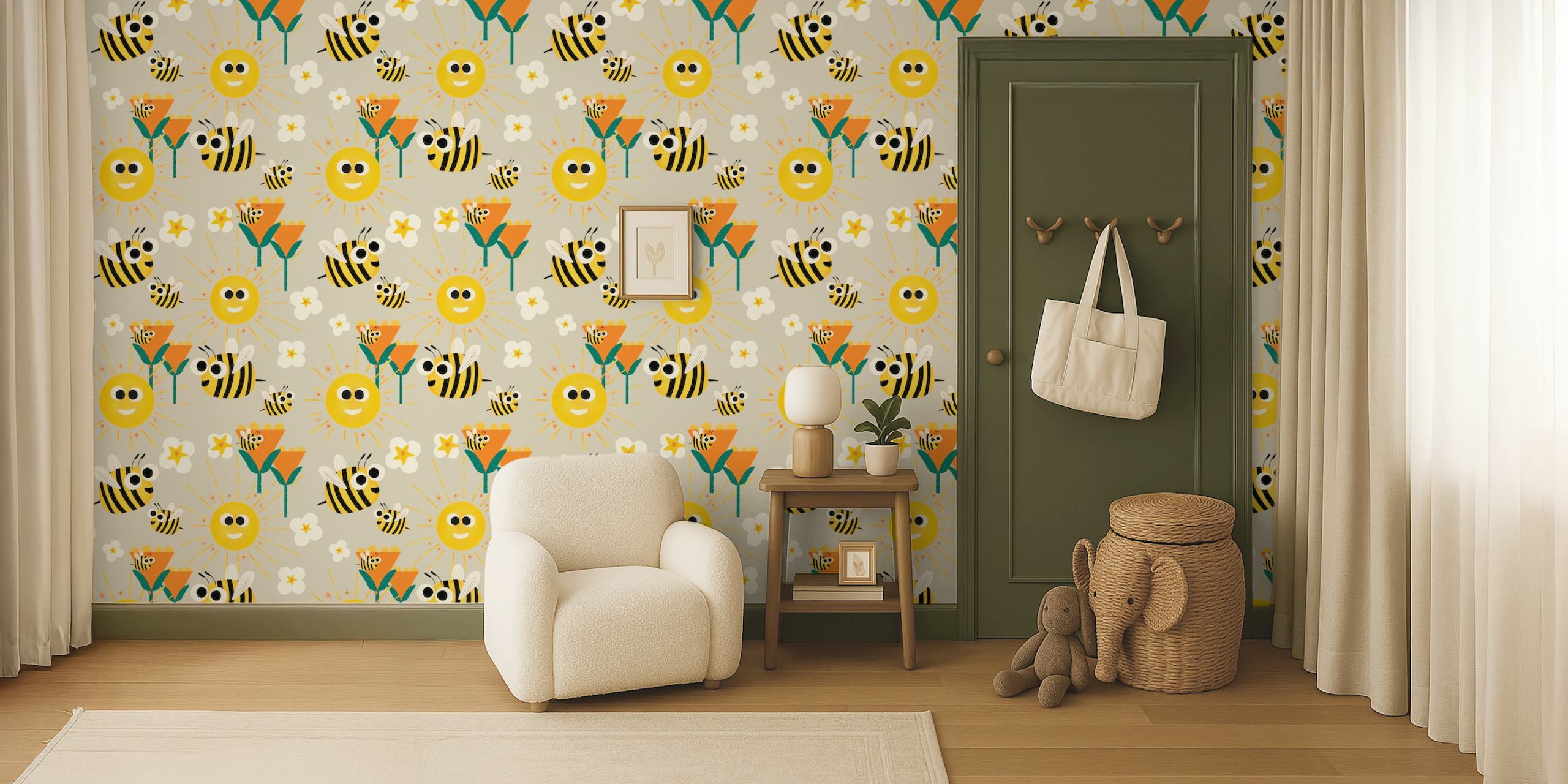 Wallpaper featuring bees and flowers pattern