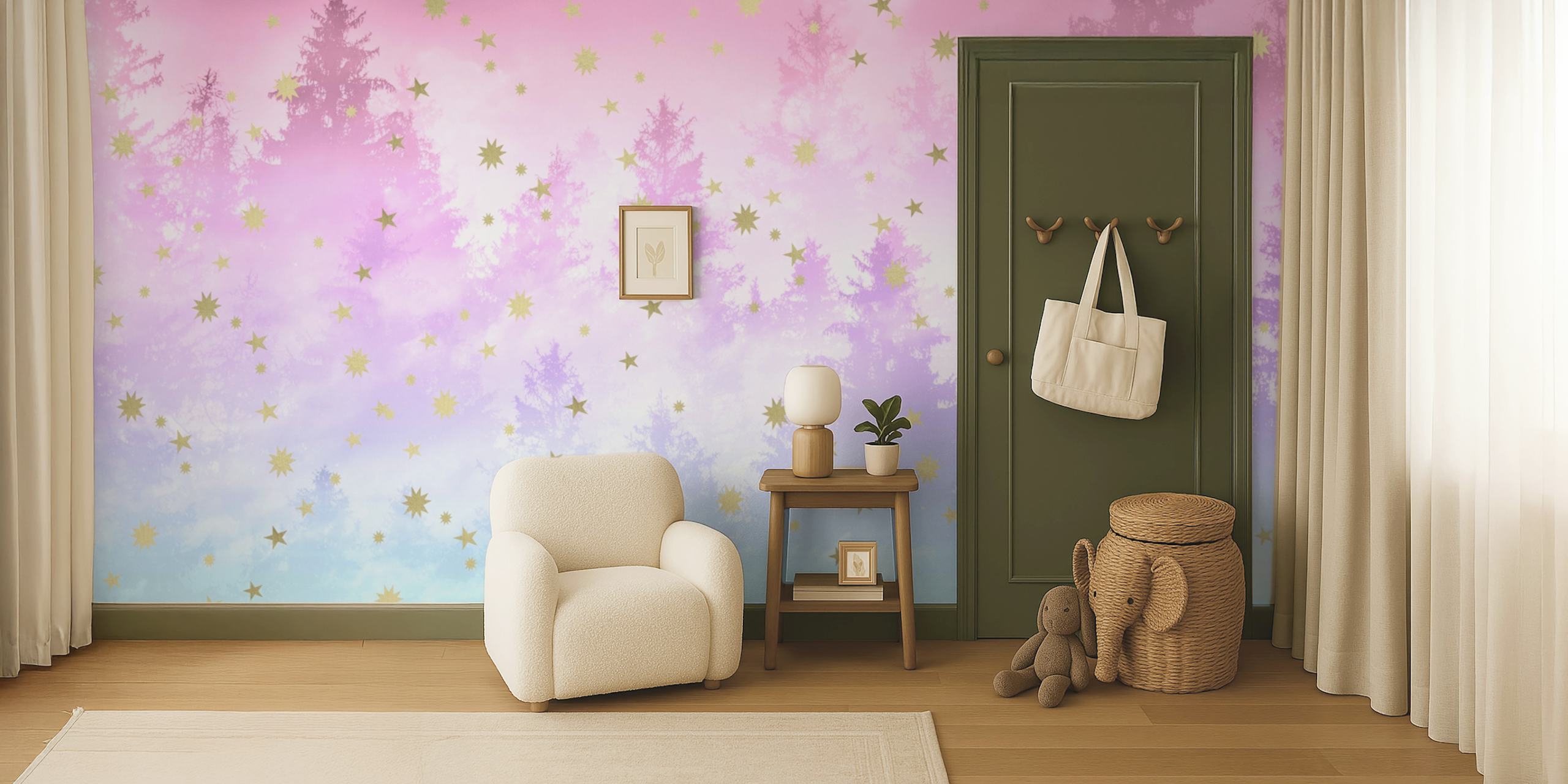 Unicorn and tree silhouette landscape with pink, blue, and gold stars wallpaper