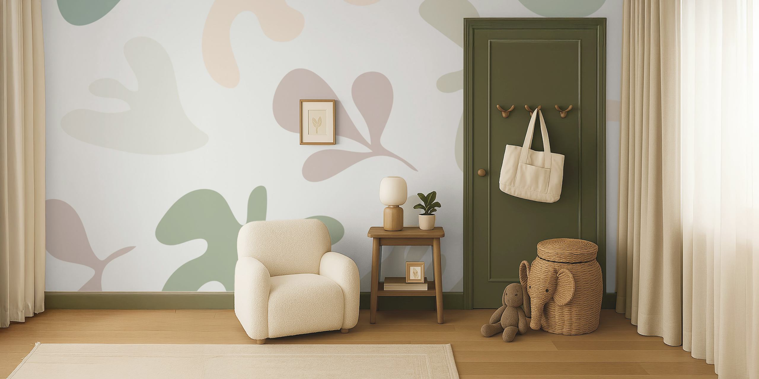 Mjuka gröna abstrakta former och bladmönster på en väggmålning