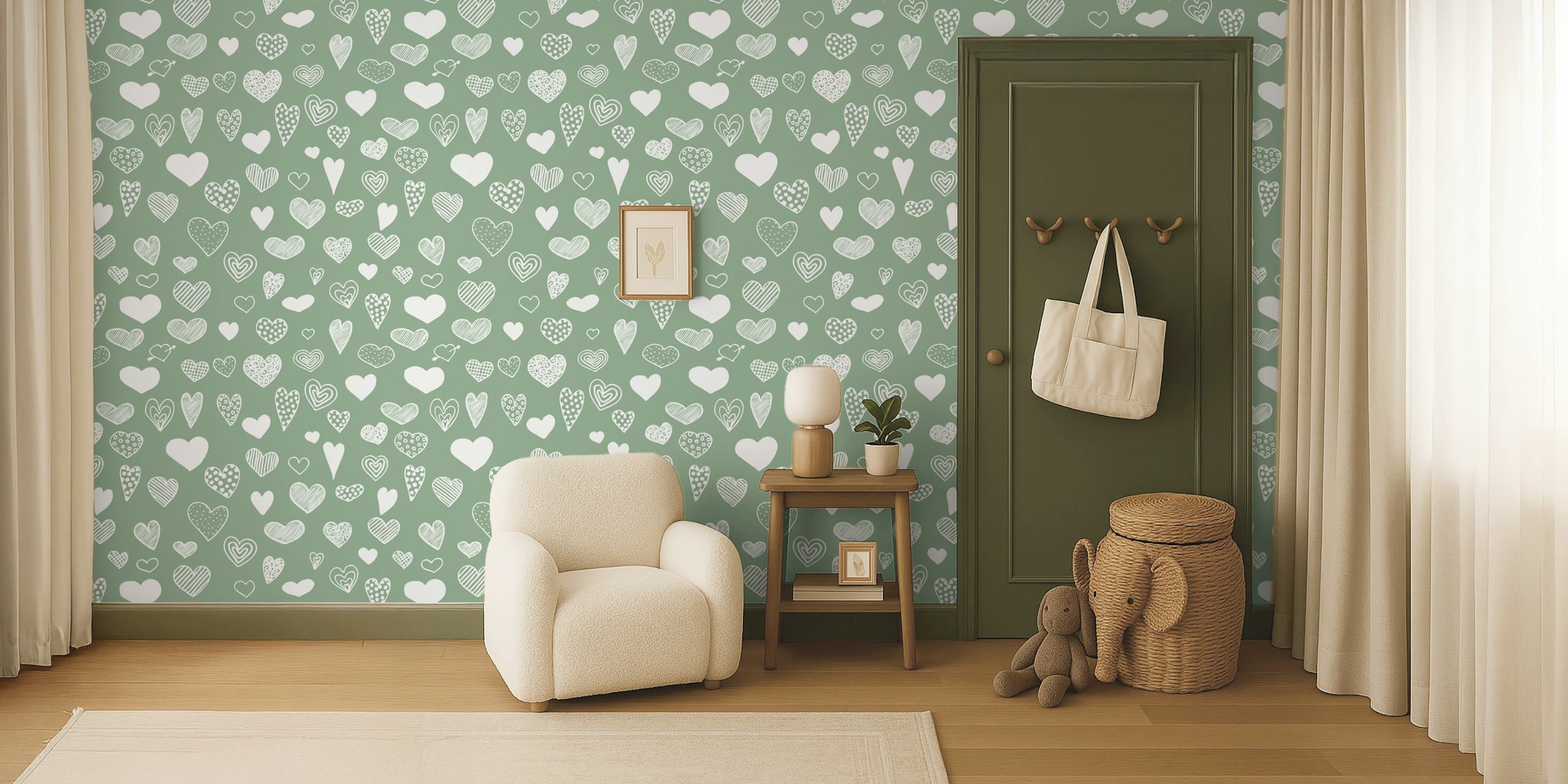 Heart Doodles in Sage Green tapetdesign