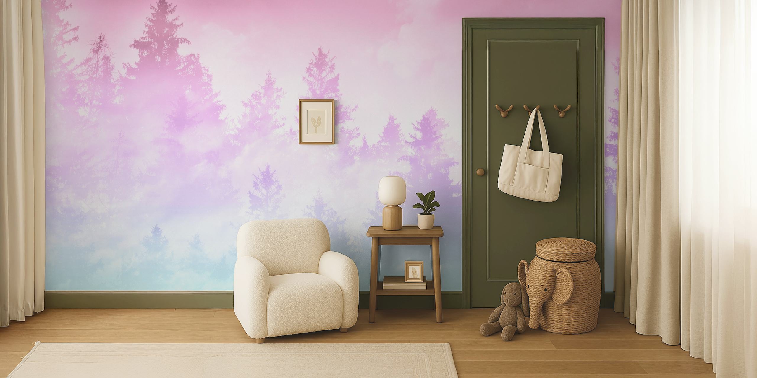 Pastelli unicorn forest tapetti huoneessa