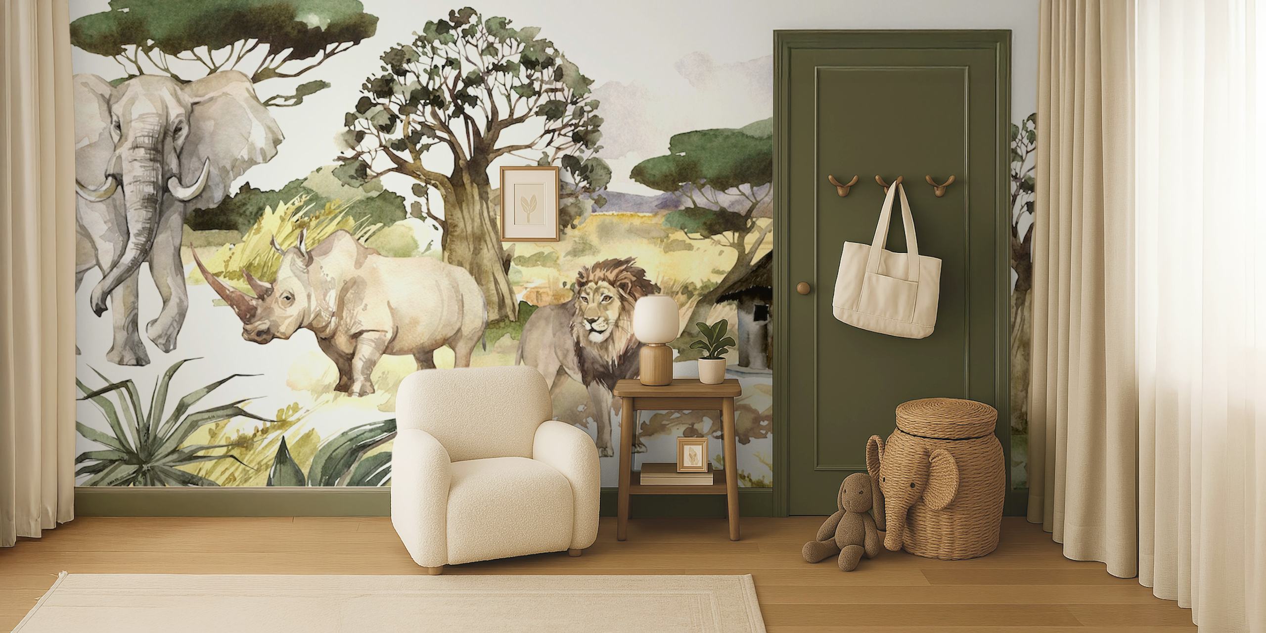 Tropical Safari Jungle scene wall mural with elephants, rhinos, and lions
