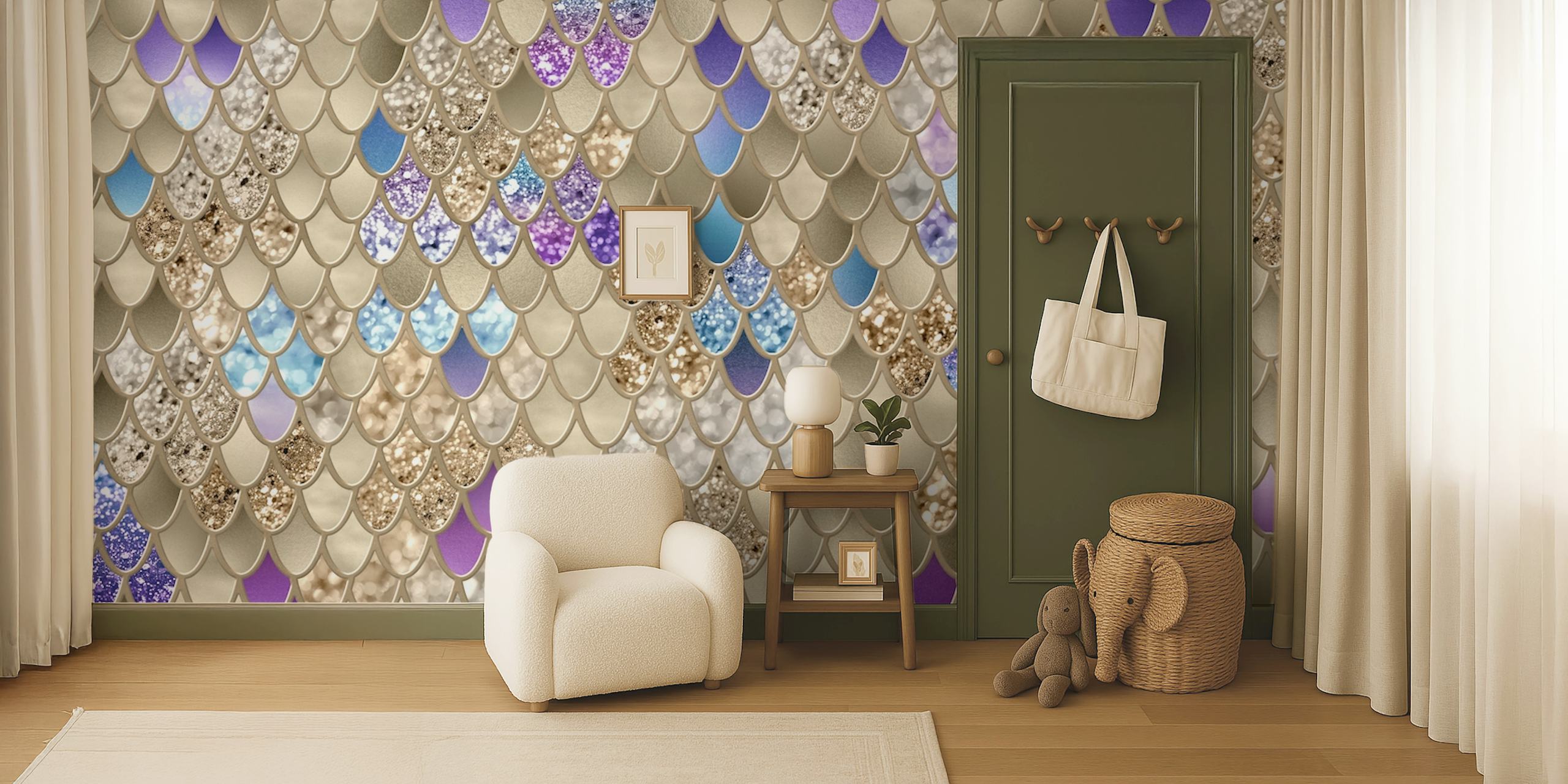Gold Violet Blue Meerjungfrau Schuppen in einem Raum