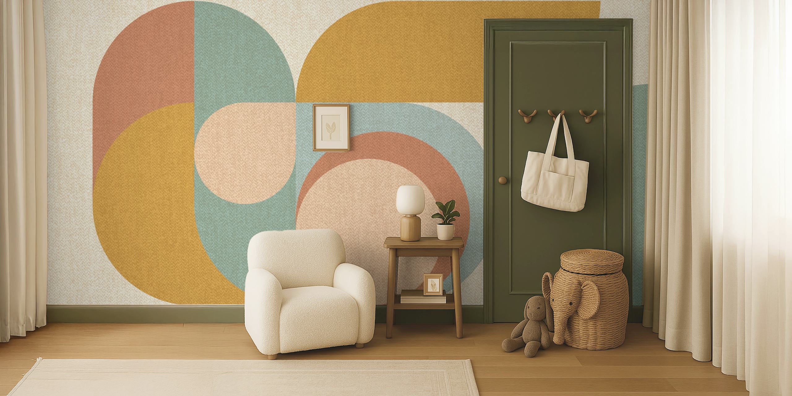 Zidna slika Bauhaus Bird iz sredine stoljeća s apstraktnim geometrijskim oblicima u zemljanim tonovima