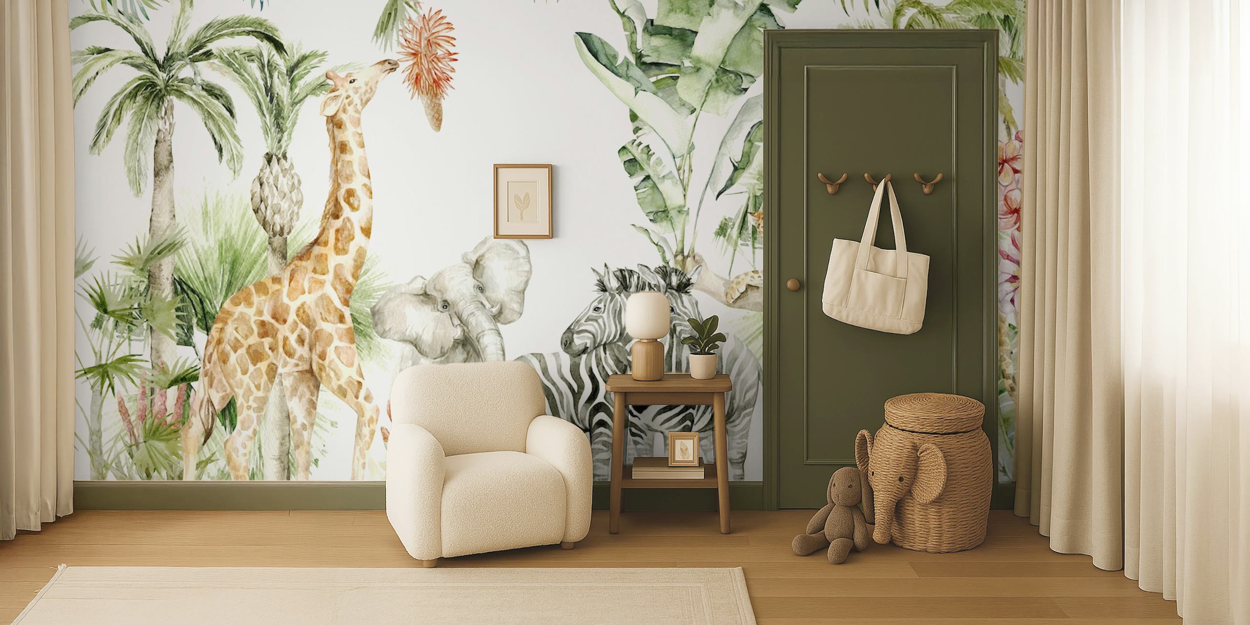 Tropical nursery animal wallpaper with giraffes, elephants, and zebra, colorful greenery