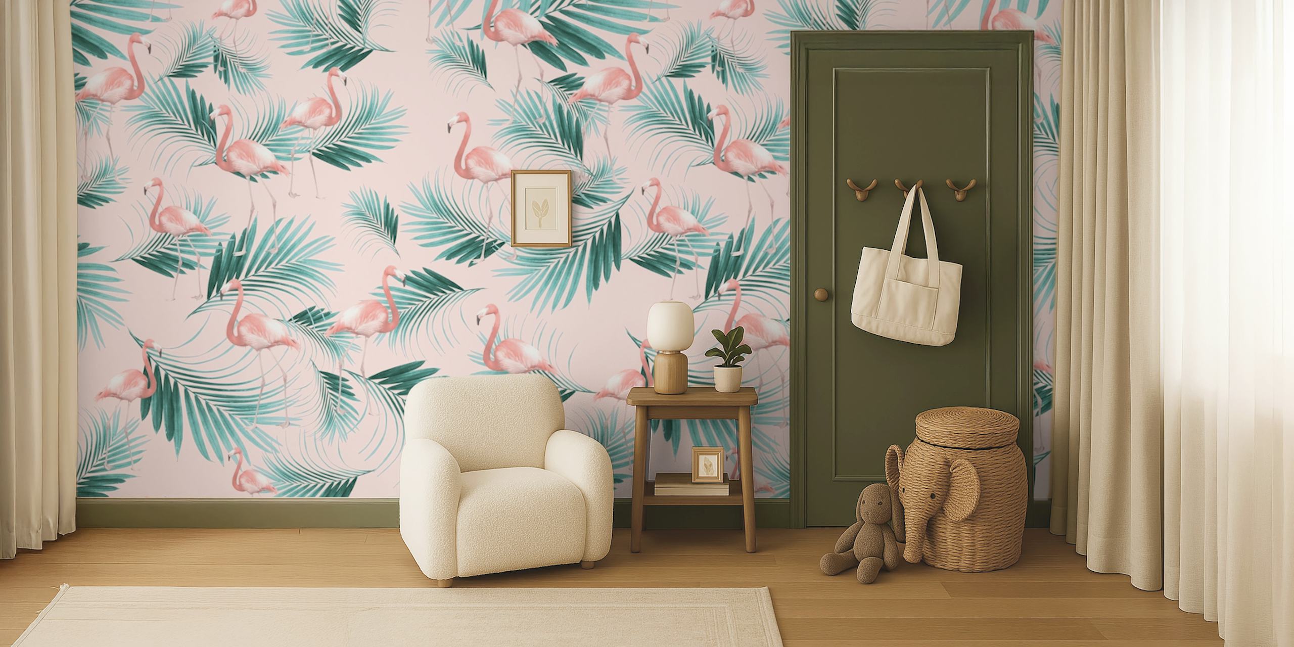 Tropical palm leaves and pink flamingos on a blush wallpaper