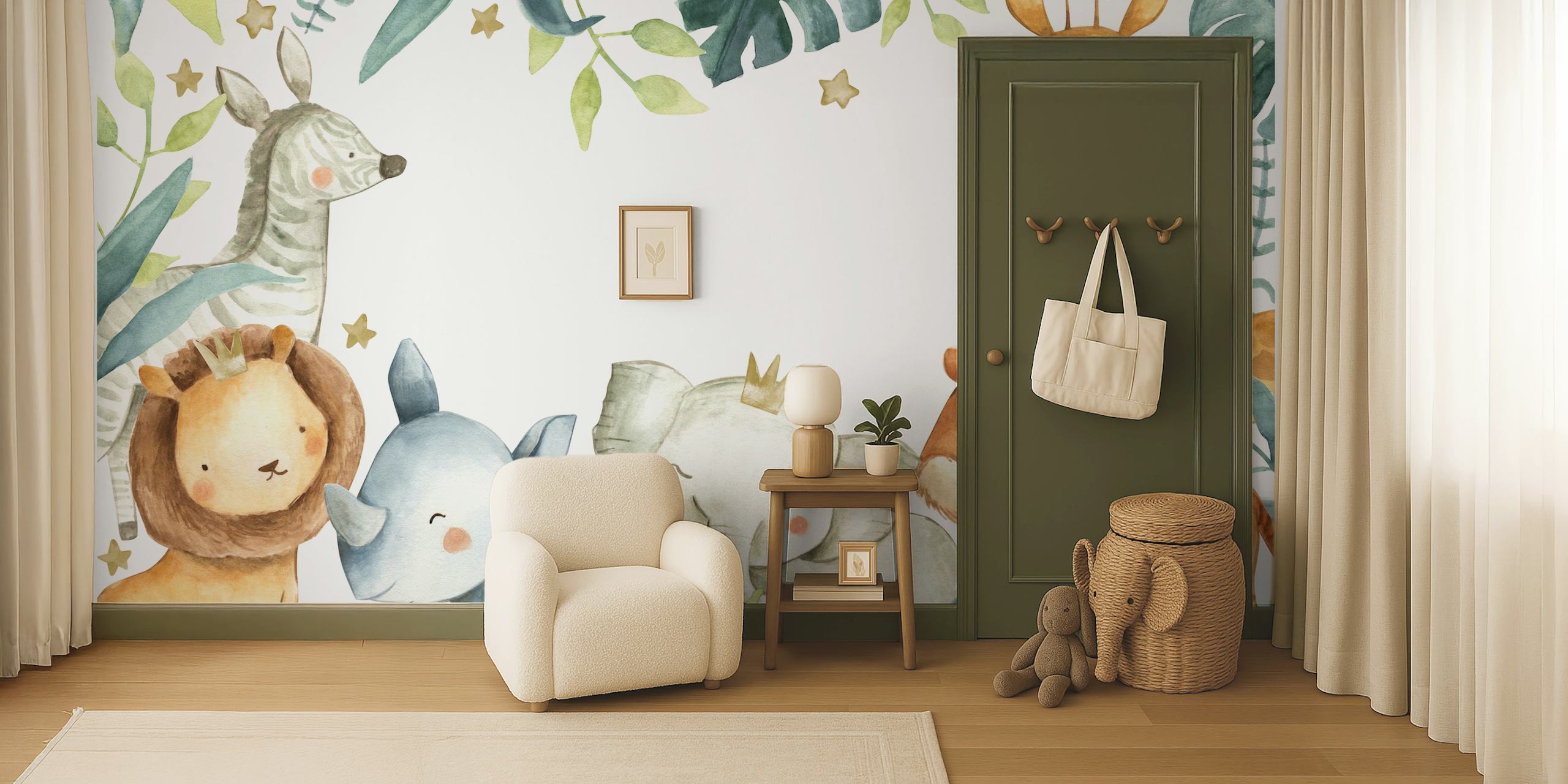 Carta da parati Safari Friends con animali giocosi e foglie tropicali