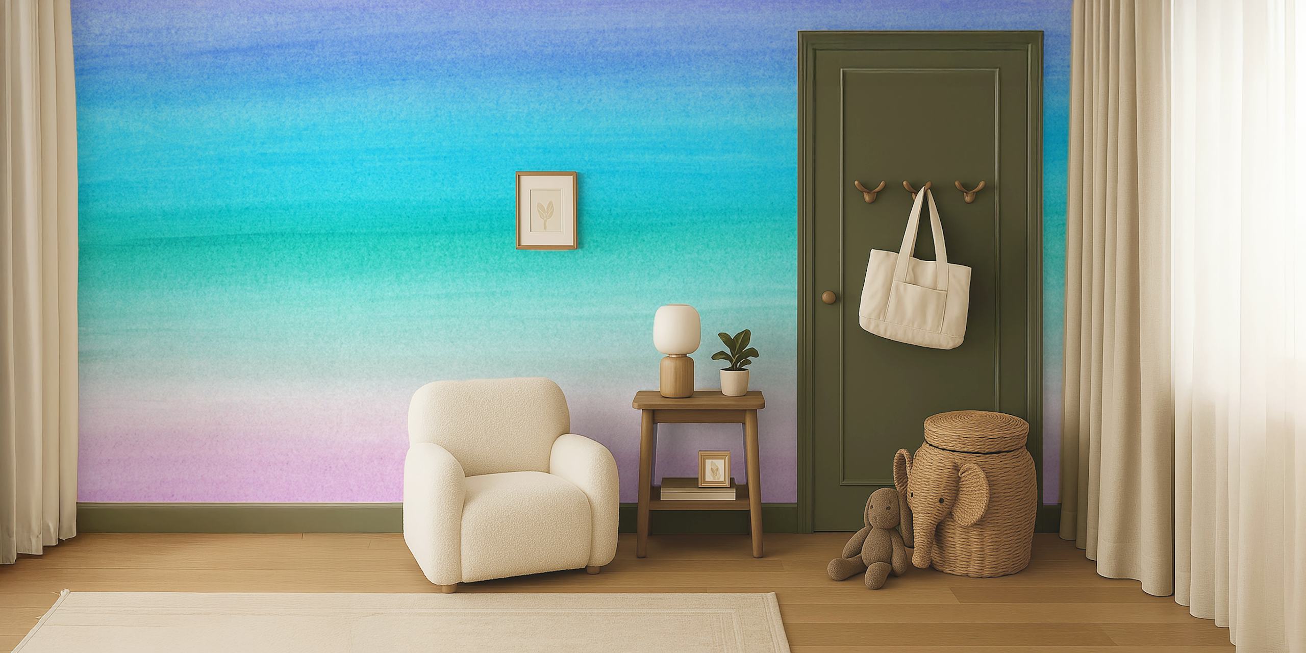 Pastel watercolor striped wallpaper in blue, green, purple, and pink