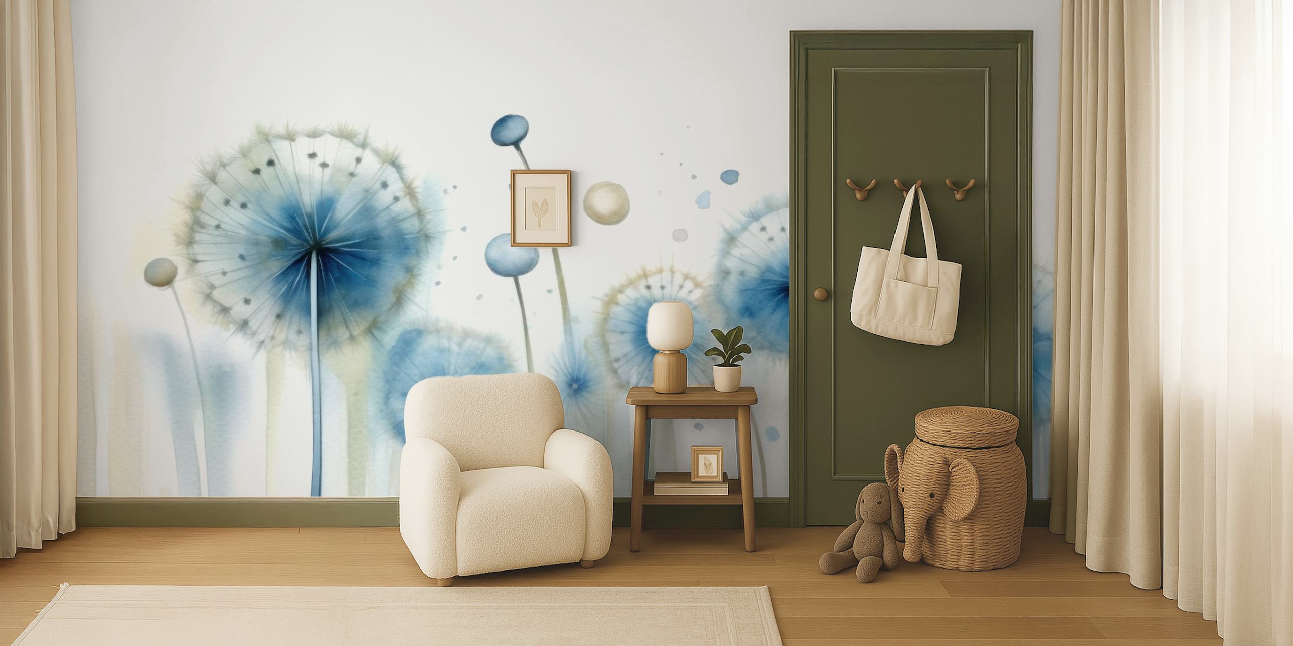 Child-friendly dandelion wall mural with blue and white tones