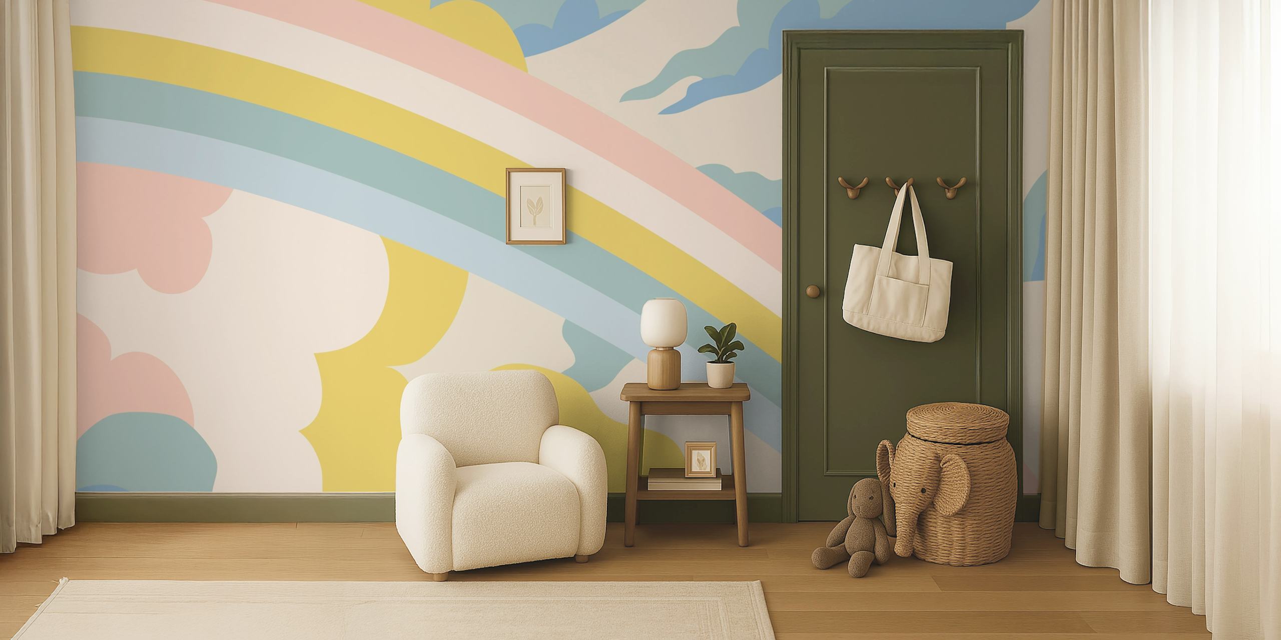 Soft pastel rainbow clouds wallpaper in a room