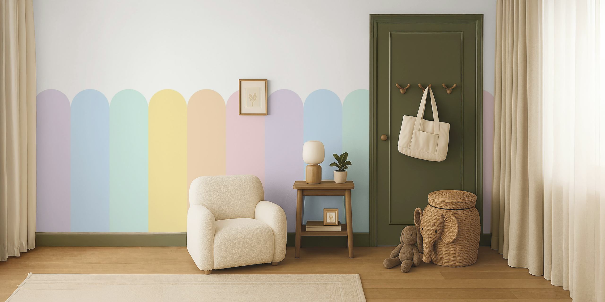 Soft pastel rainbow colors in scalloped pattern for wall mural