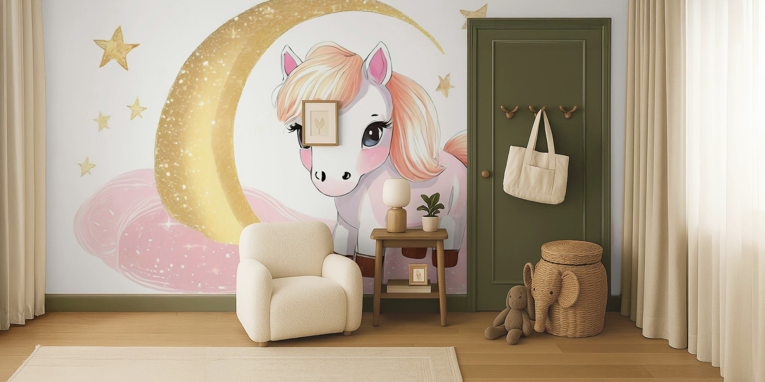 Pink unicorn with golden crescent moon and stars wallpaper
