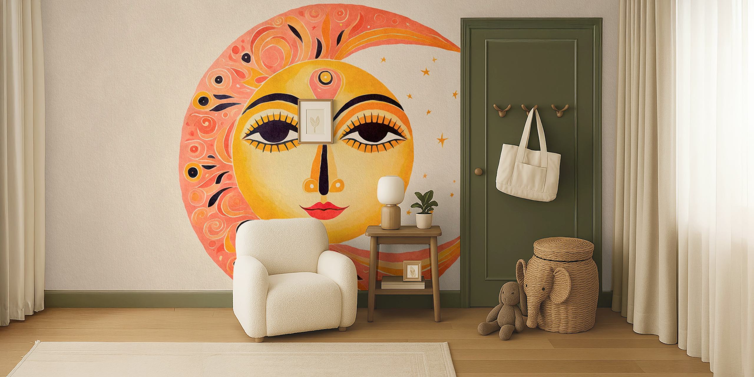 Whimsical Sun Moon Face wall mural with harmonious sun and moon design