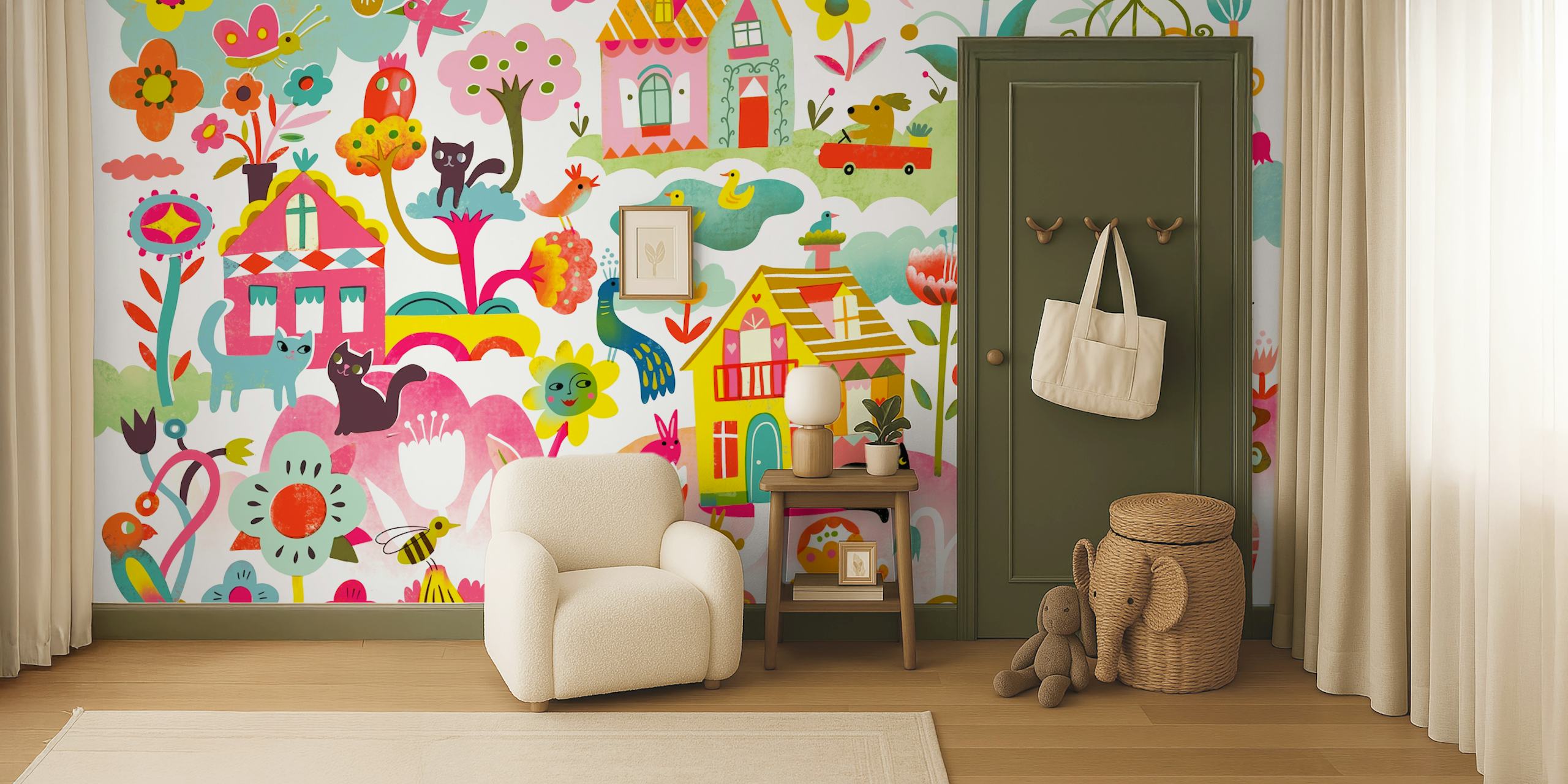 Playful cats i en fargerik hage