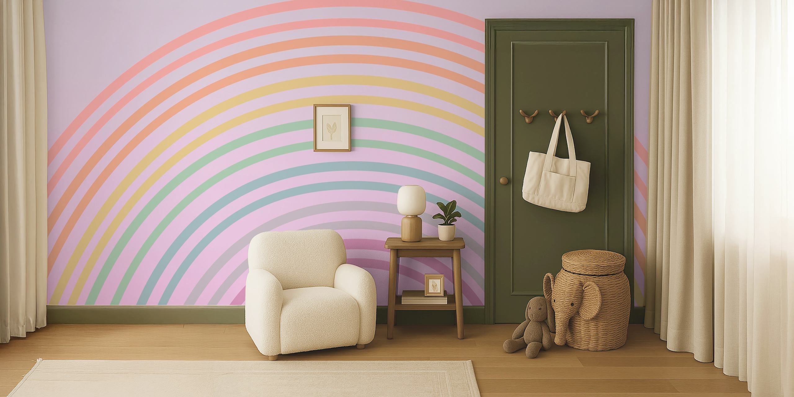 Happy Pastel Boho Rainbow-tapetti esillä huoneessa