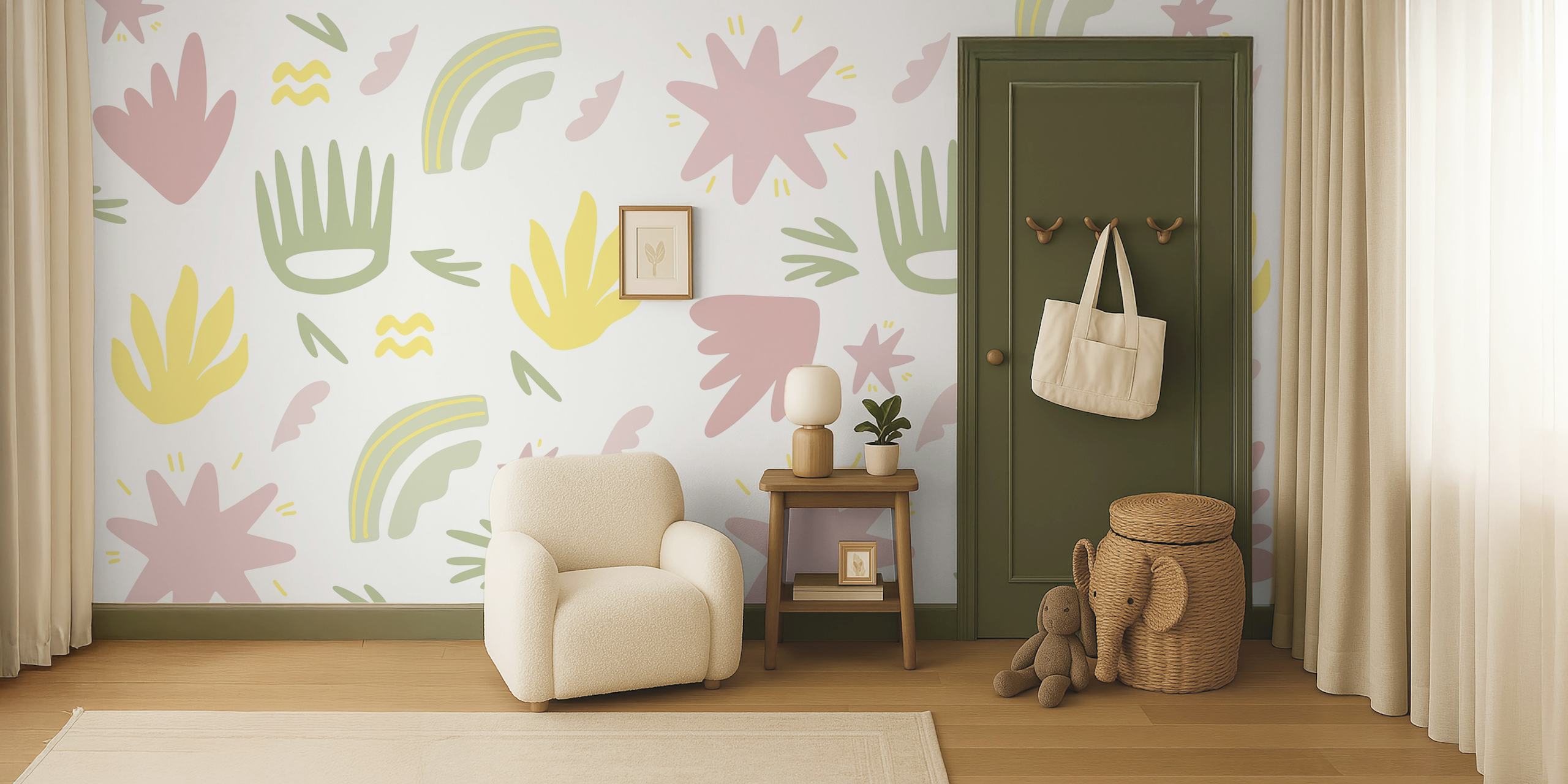 Hand-drawn style wall mural with pastel yellow, pink, and green botanical elements