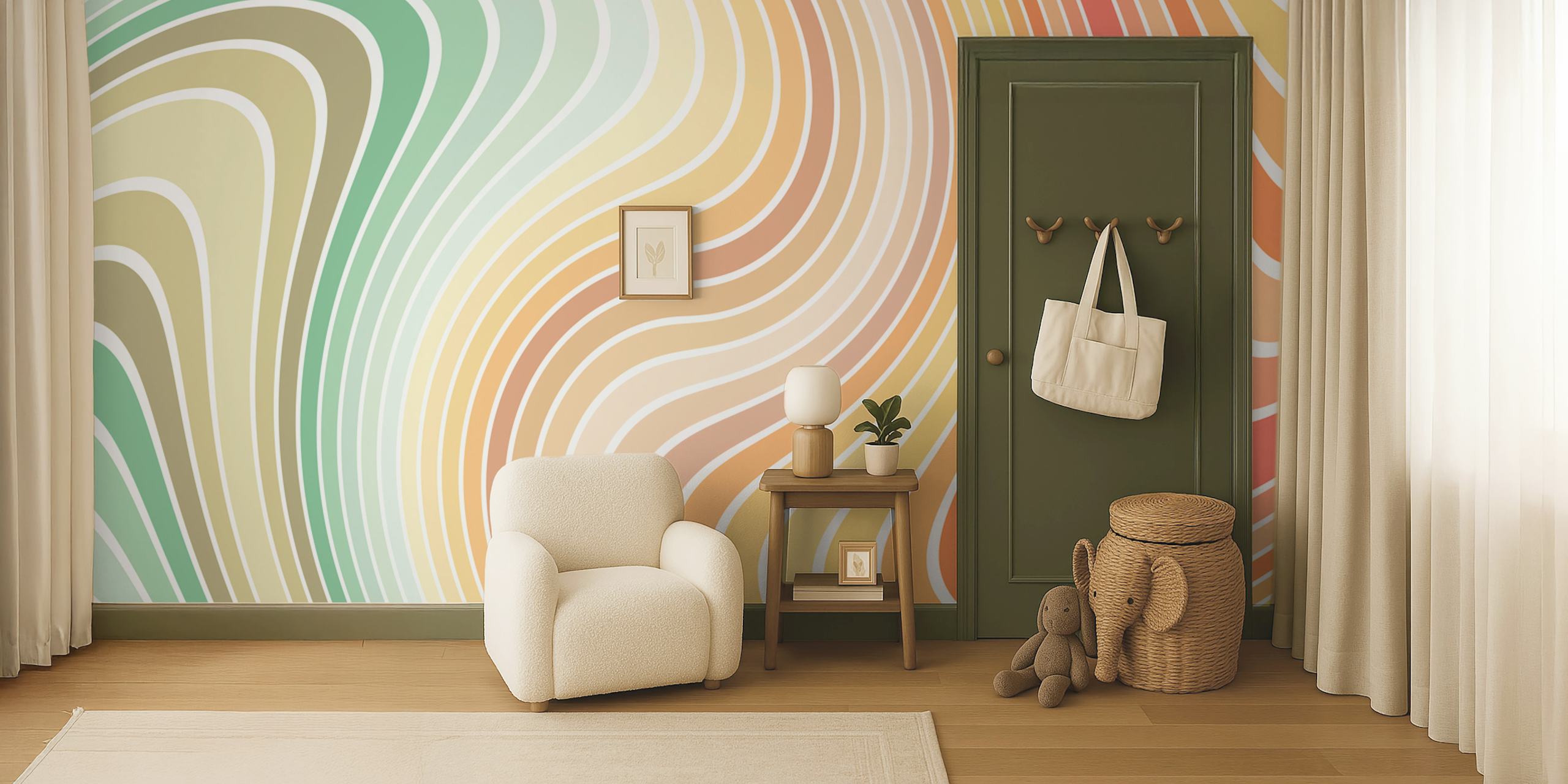 Colorful abstract waves in pastel tones of pink, green, and orange wallpaper