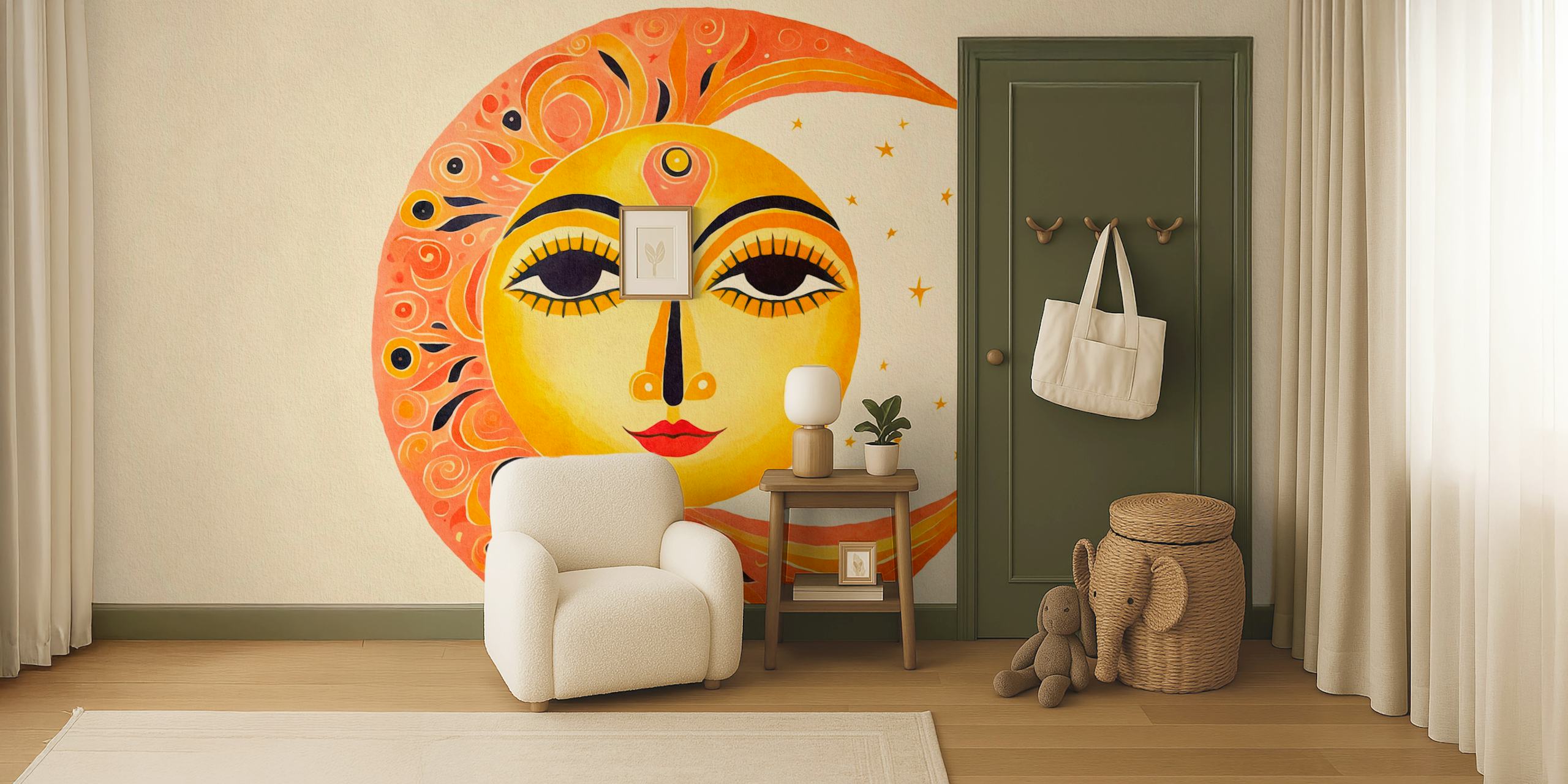 Whimsical sun and moon face design in orange and yellow colors wallpaper