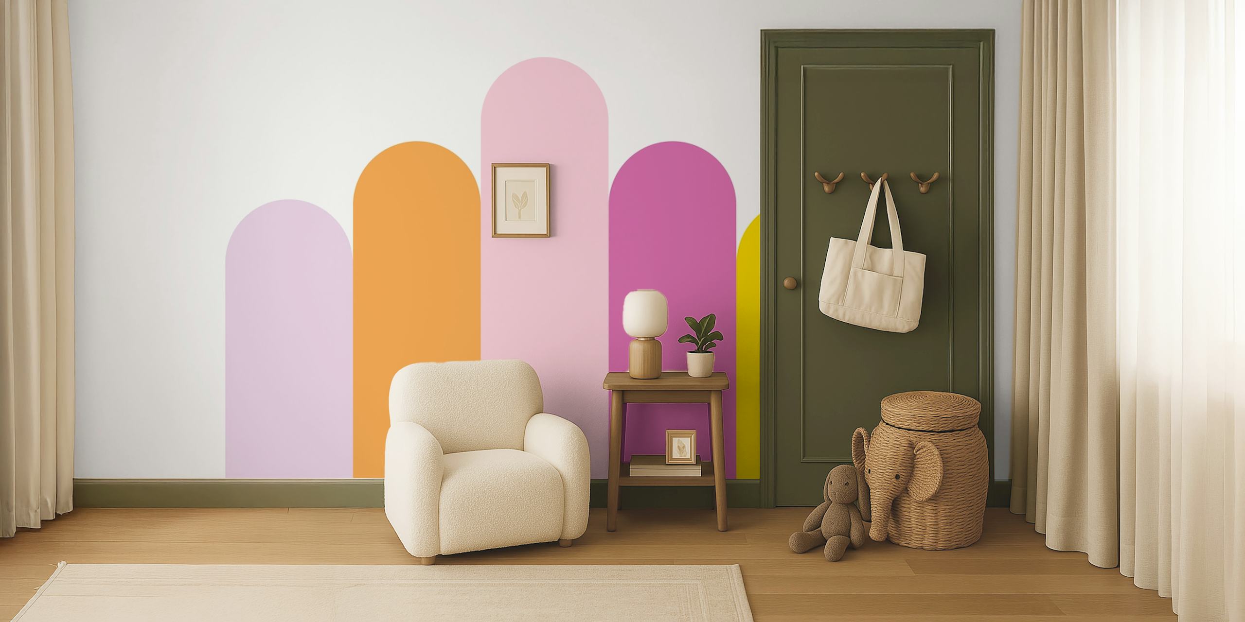 Colorful pastel rainbow arches in yellow, pink, orange, and lavender wallpaper