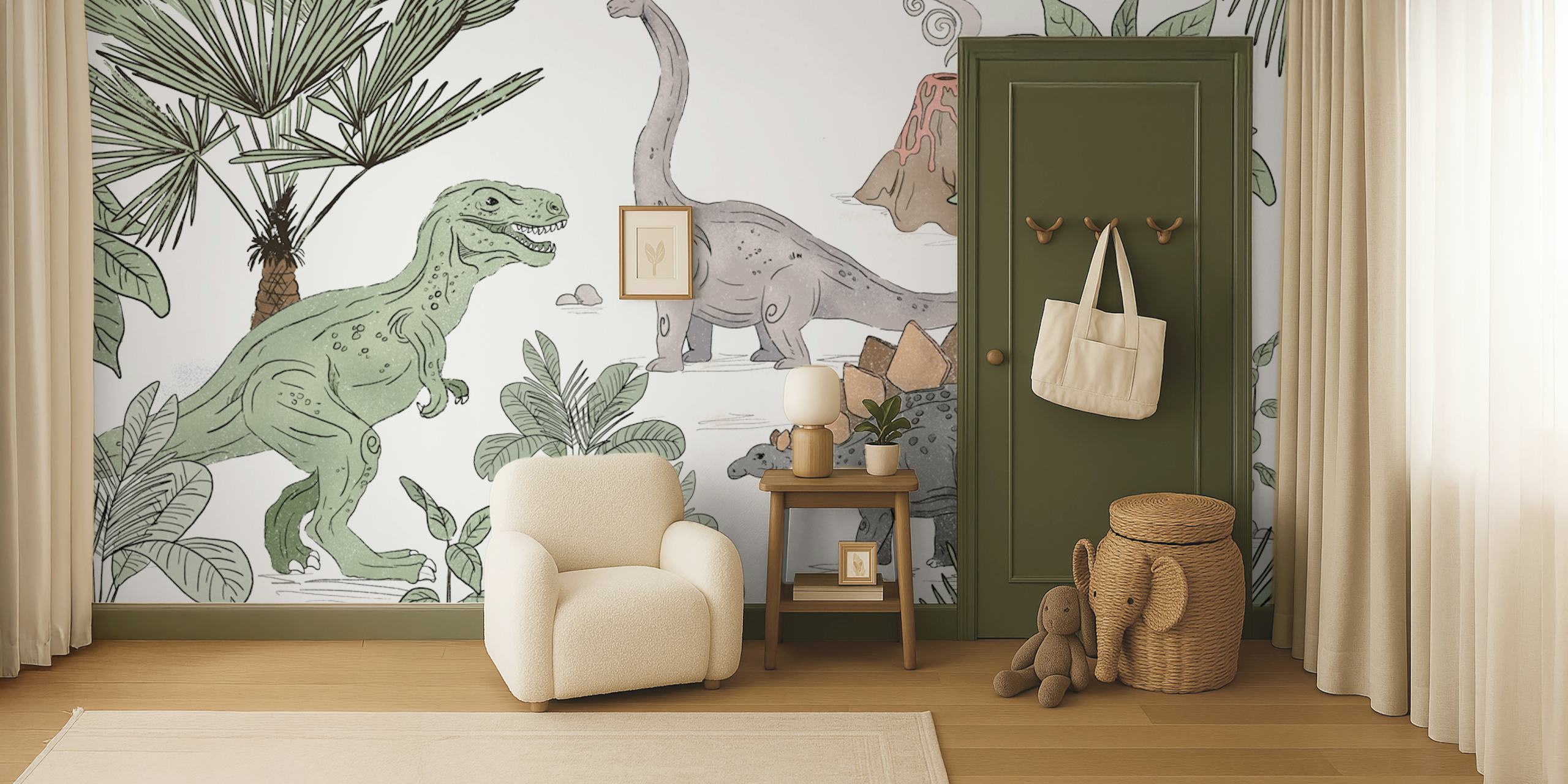Dino Park wallpaper with dinosaurs, volcano and plants in soft colors