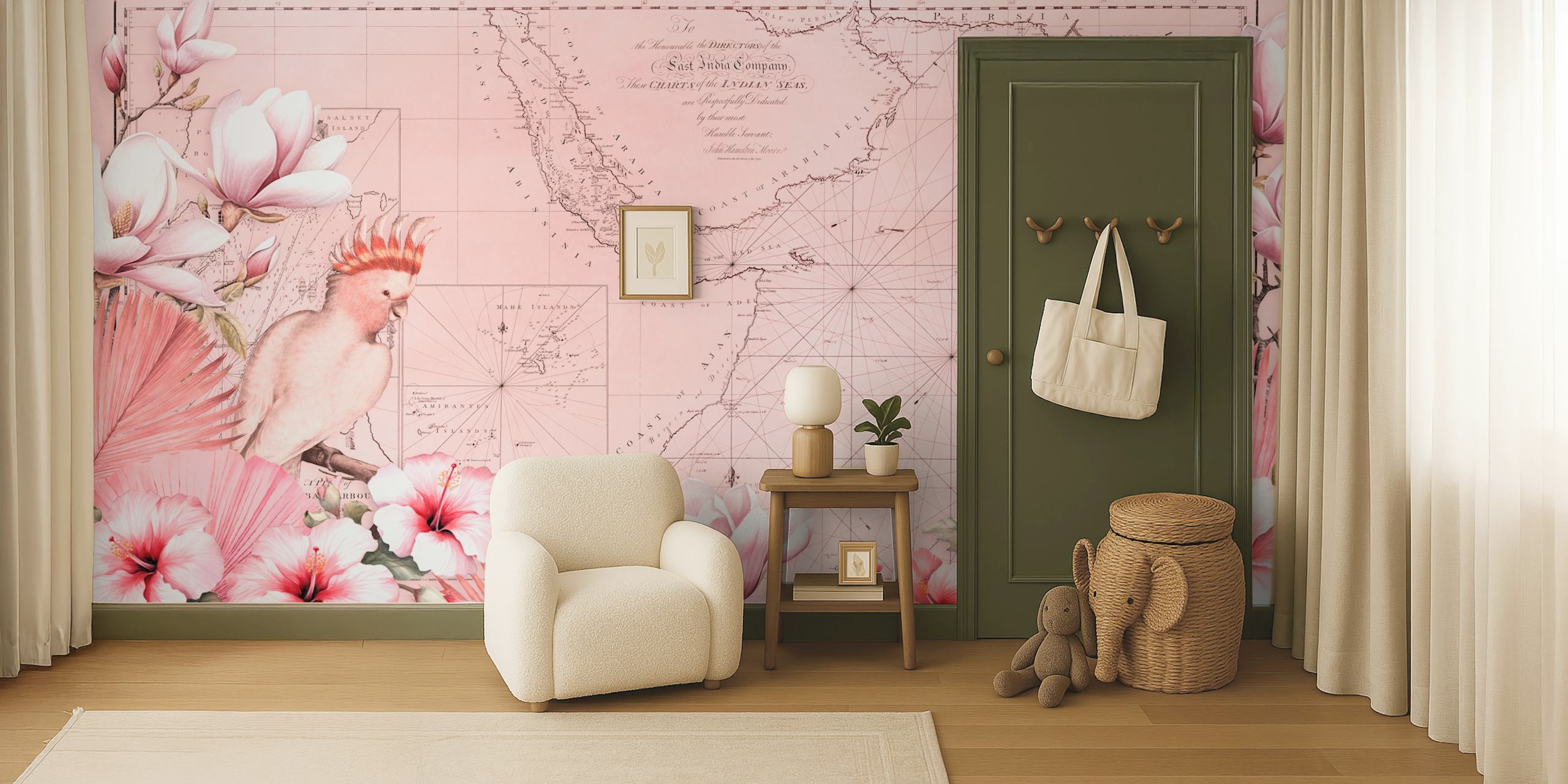 Cockatoos Tropical Journey Floral Map Pink wallpaper