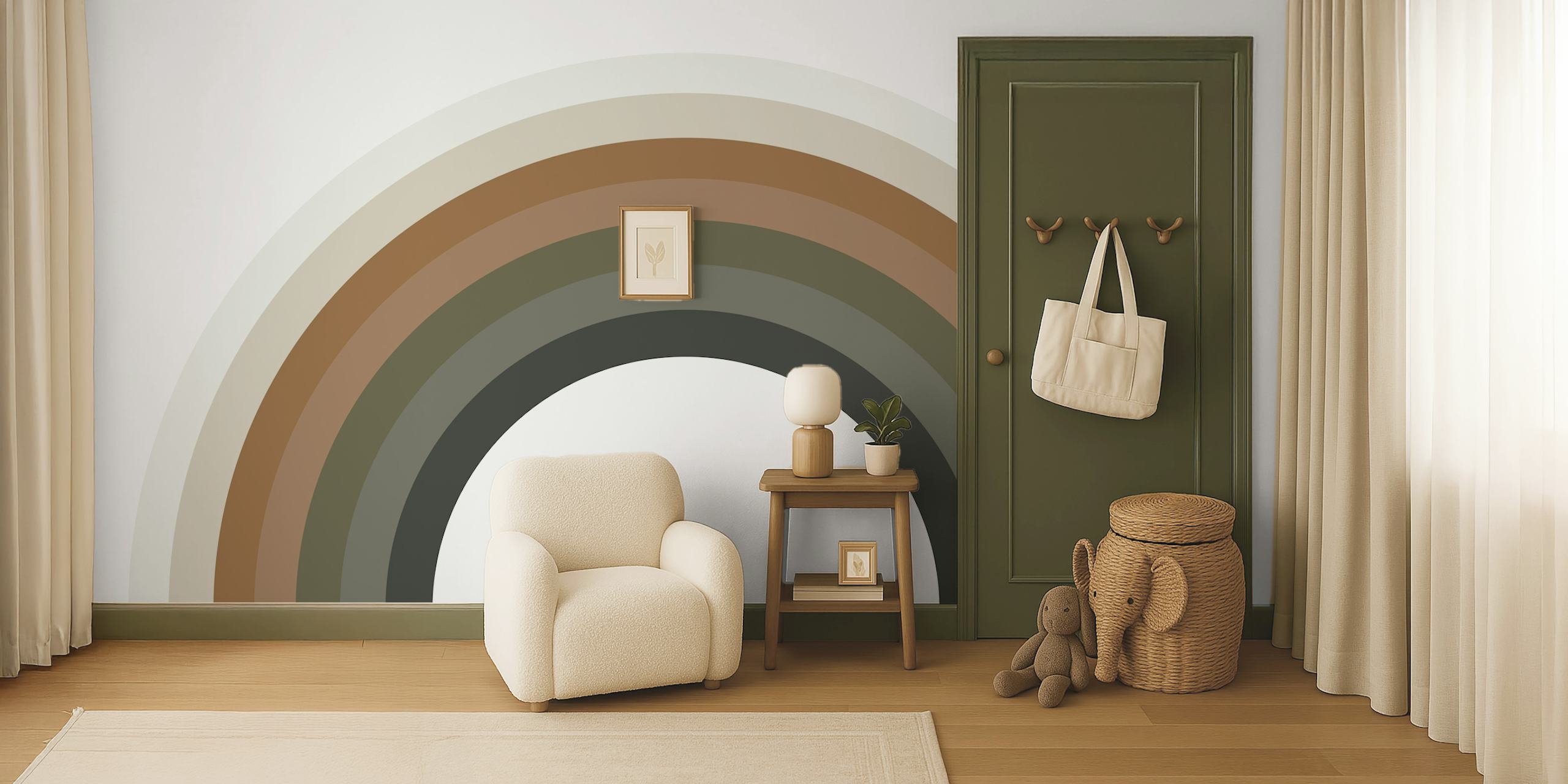 Modern rainbow design in earthy tones including dark green, brown, and cream wallpaper