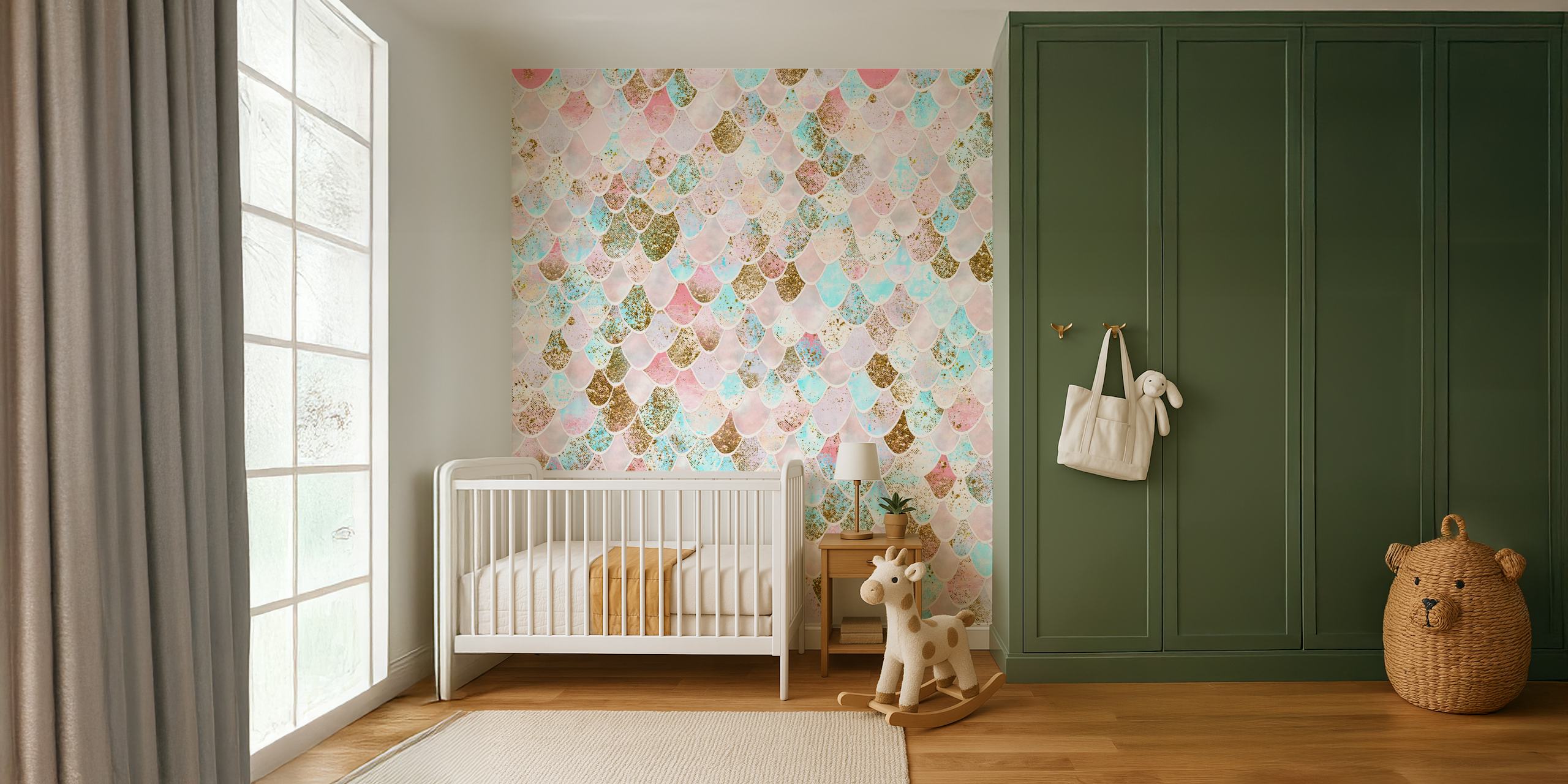 Mermaid scales pattern in pastel pink, blue, and gold tones wallpaper