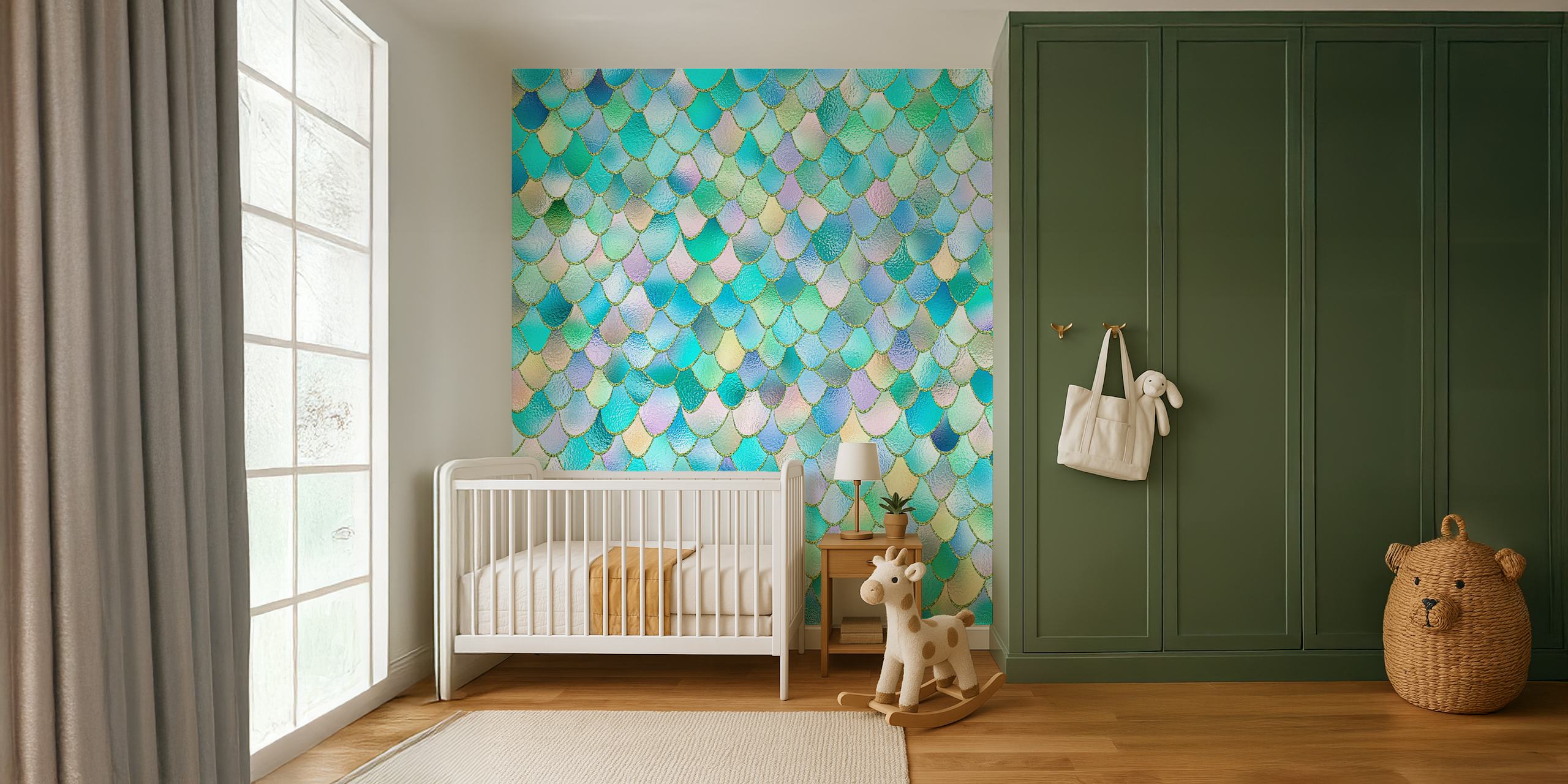 Teal Metal Mermaid Scales wallpaper in a room