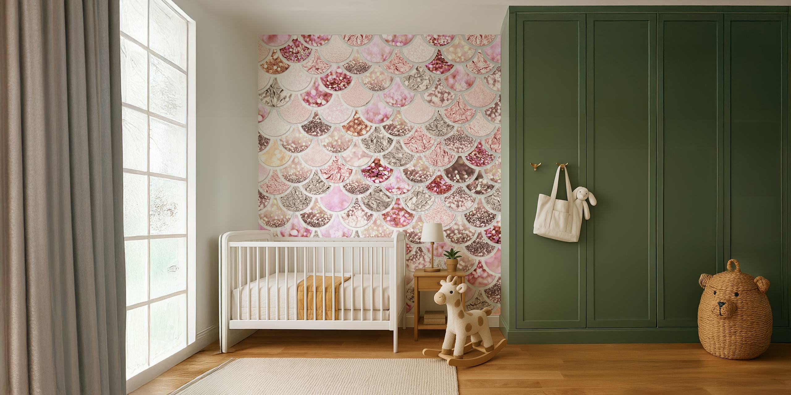 Blush Glitter Mermaid Scales wallpaper in a room
