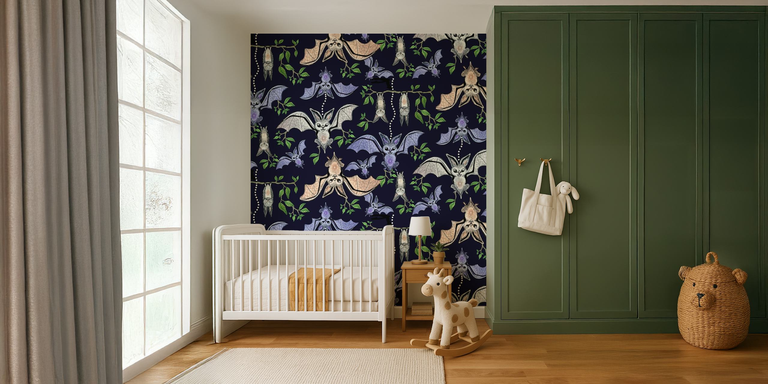 Bats and leaves on navy background wallpaper