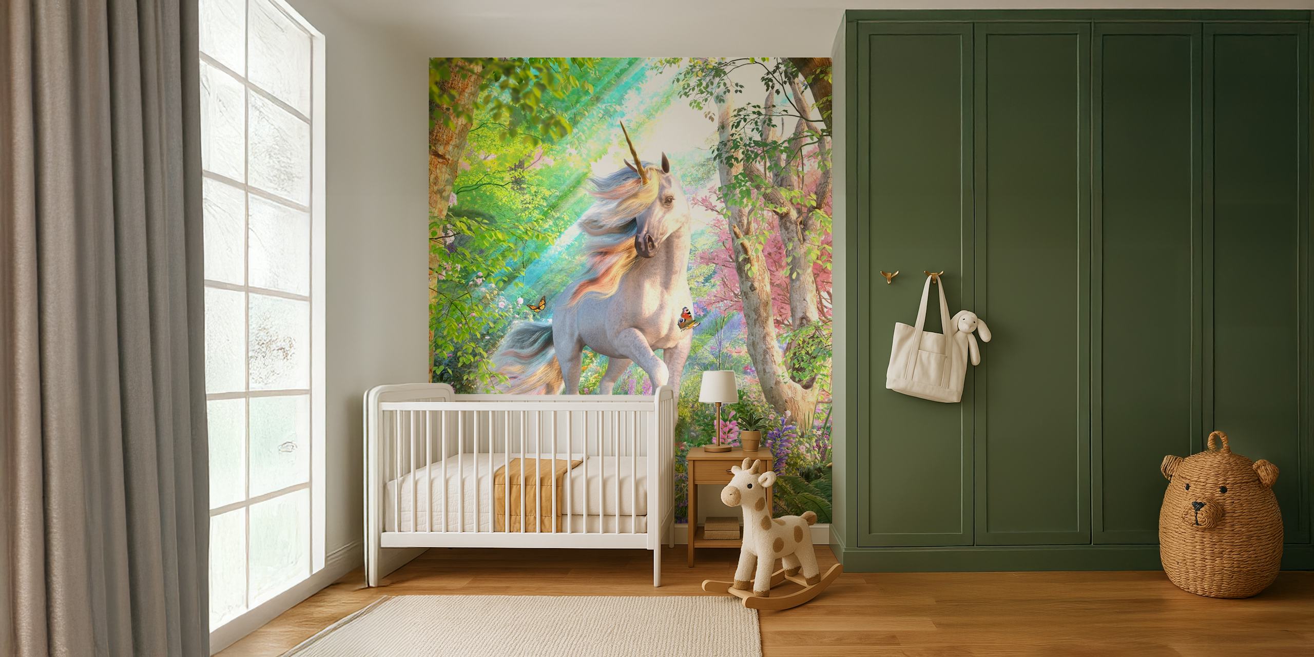 Unicorn in a vibrant forest with flowers and trees, colorful magical wallpaper
