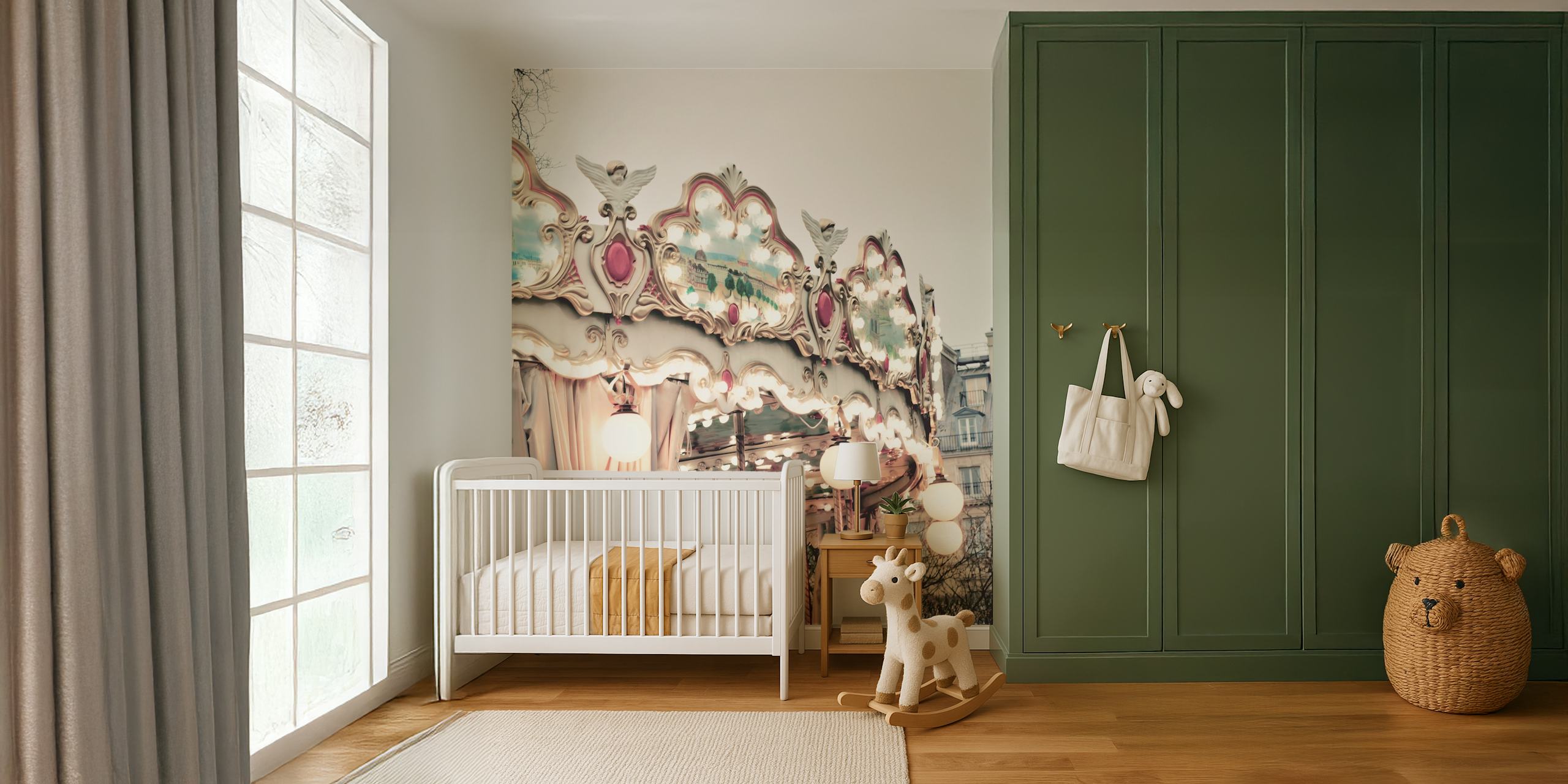 Vintage carousel wall mural with ornate detailing and soft glowing lights