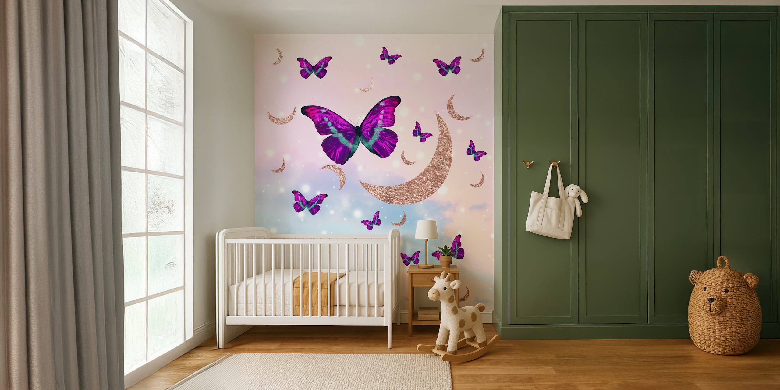 Butterfly and moon pattern wallpaper in a room