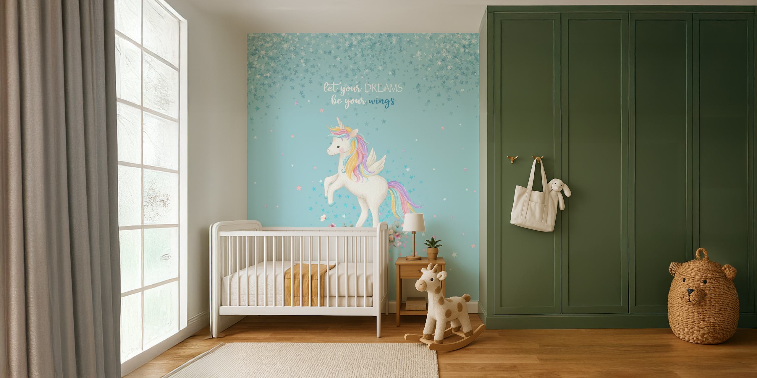 White unicorn with rainbow mane on pastel blue background wallpaper