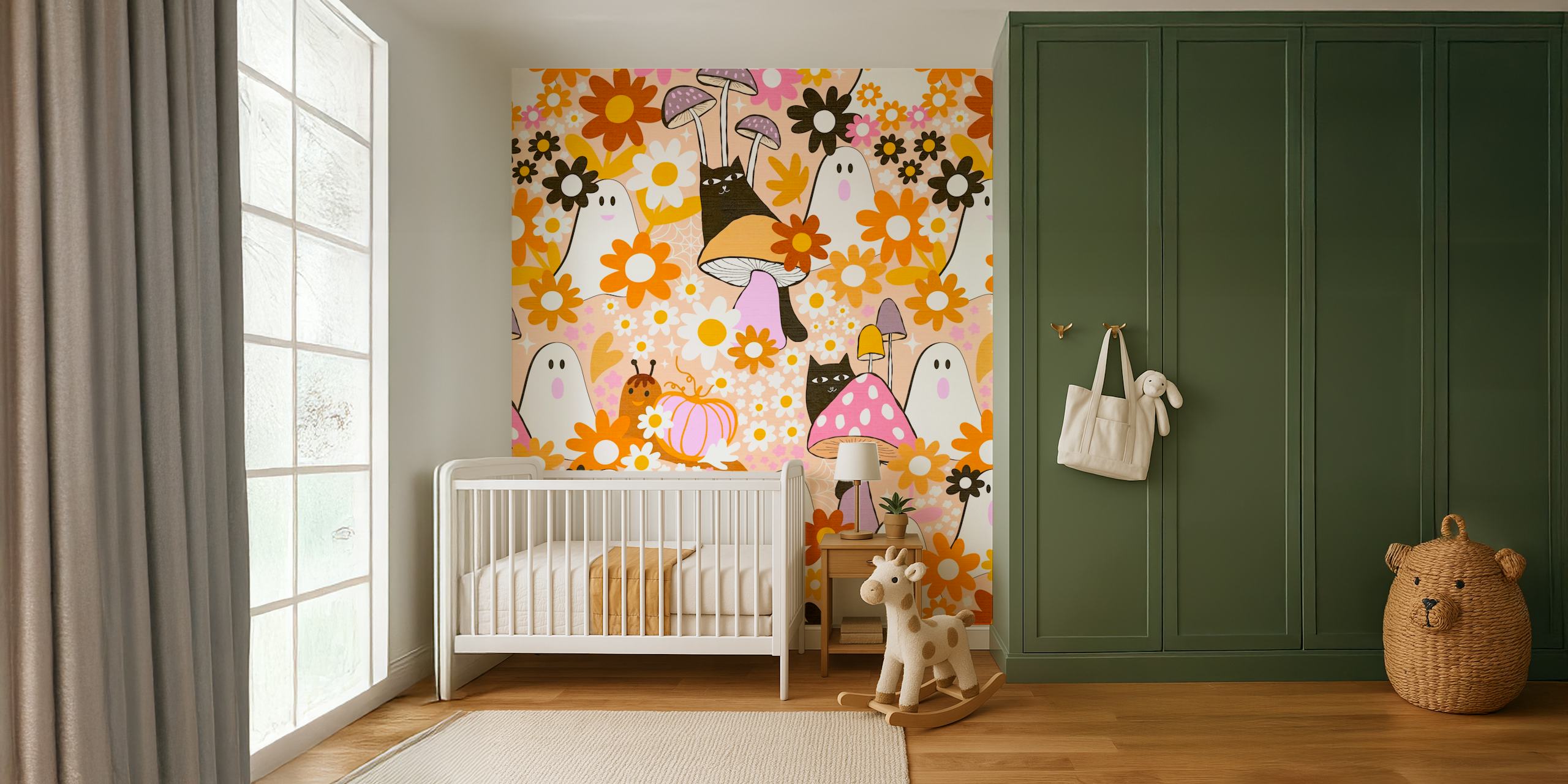 Cats and ghosts among colorful flowers and mushrooms wallpaper